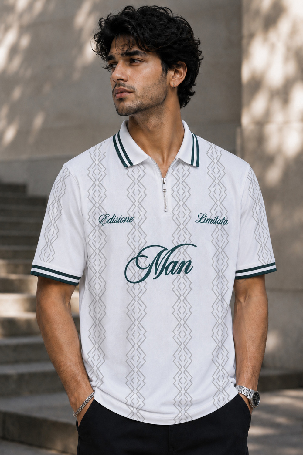 Image of Force Typography, Printed Men Polo Neck White T-Shirt