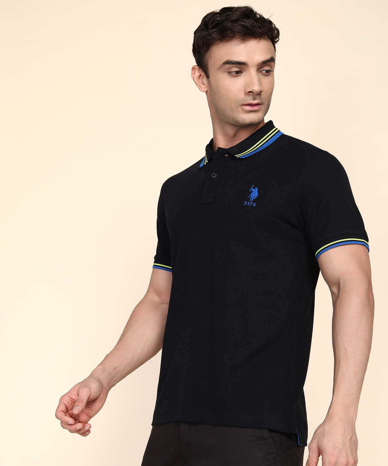 Image of U.S. POLO ASSN. Floral Print Men Polo Neck Black T-Shirt