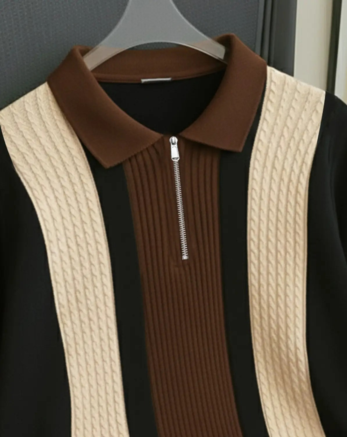 Image of KAJARU Striped, Self Design Men Polo Neck Black, Brown, Beige T-Shirt