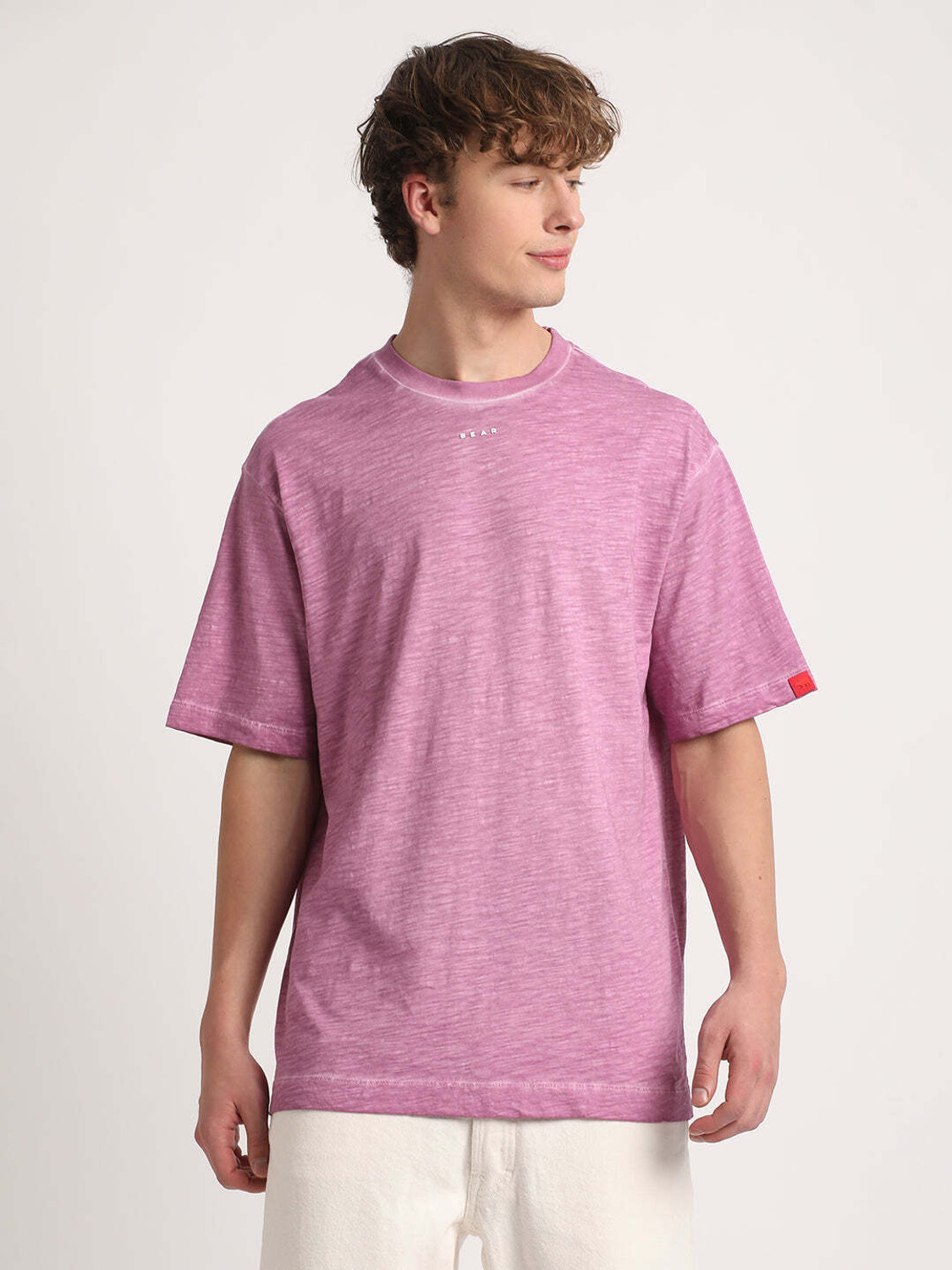 Image of THE BEAR HOUSE Solid Men Round Neck Pink T-Shirt