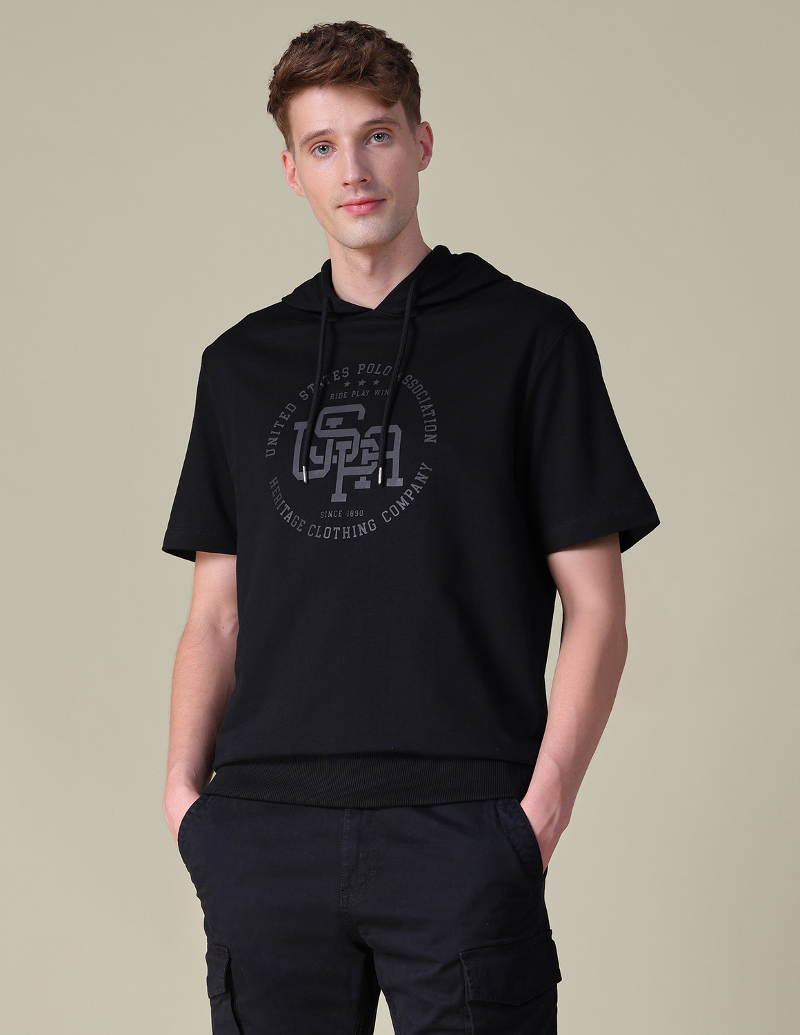 Image of U.S. Polo Assn. Denim Co. Printed Men Hooded Neck Black T-Shirt