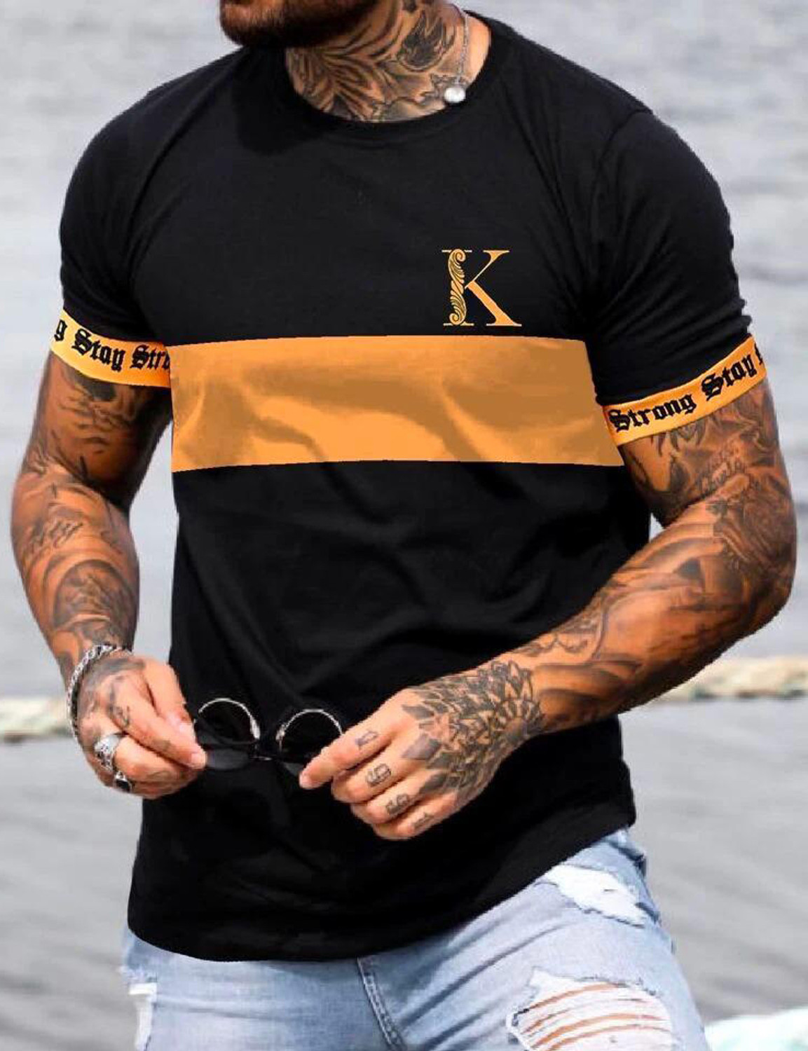 Image of Try This Self Design Men Round Neck Yellow, Black T-Shirt