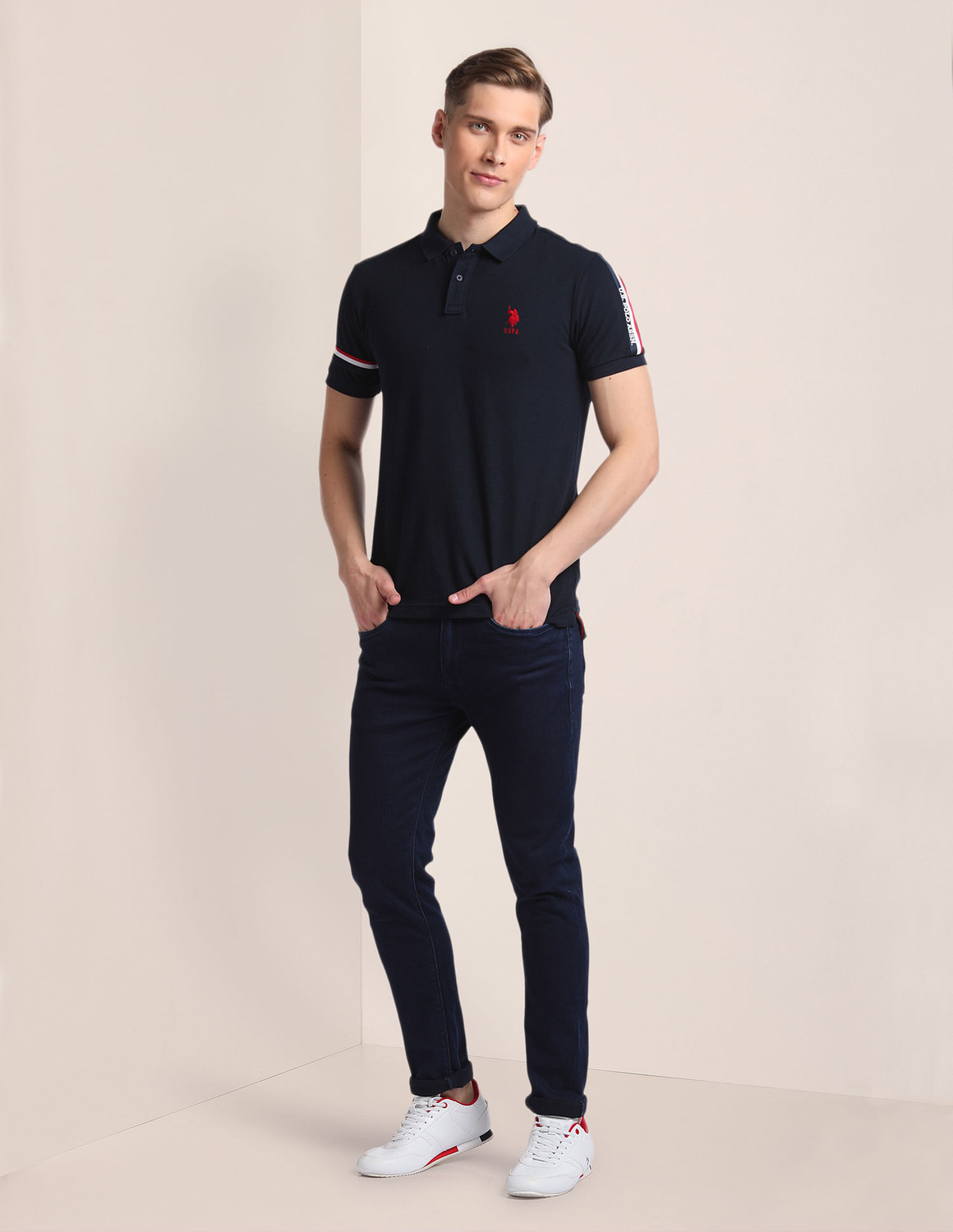 Image of U.S. POLO ASSN. Solid Men Polo Neck Blue T-Shirt
