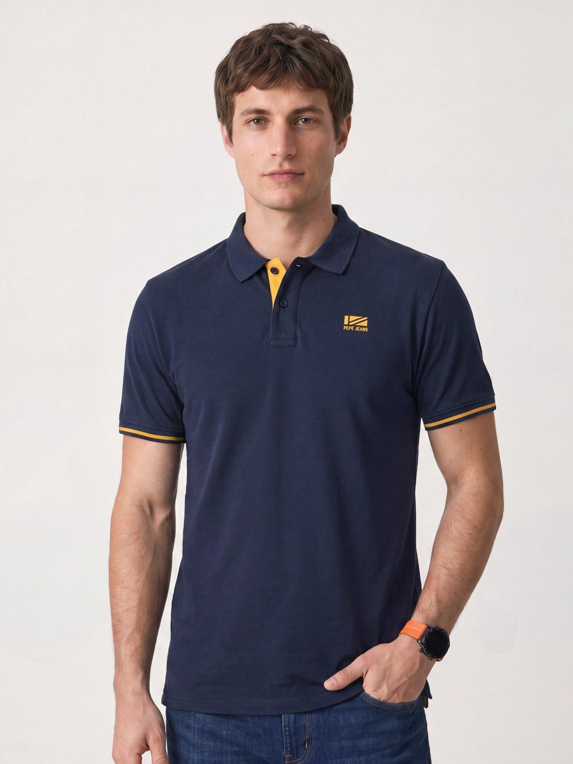 Image of Pepe Jeans Men Solid Polo Neck Polycotton Blue T-Shirt