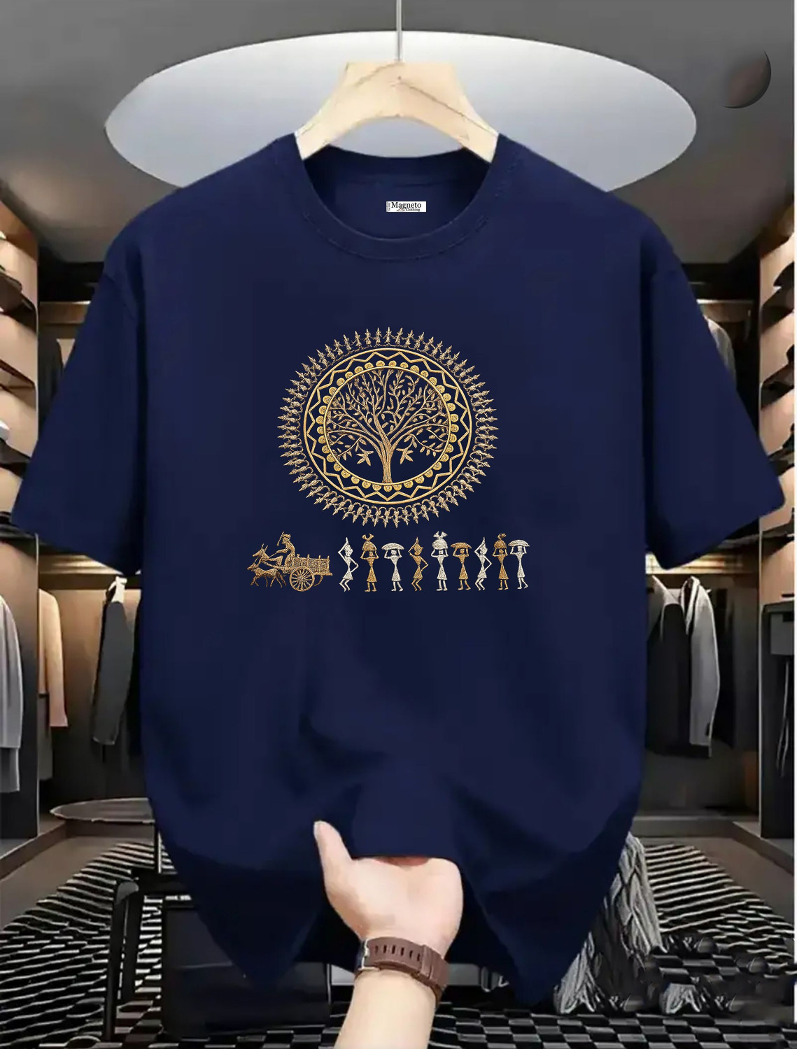 Image of Magneto Men Printed Round Neck Pure Cotton Navy Blue T-Shirt