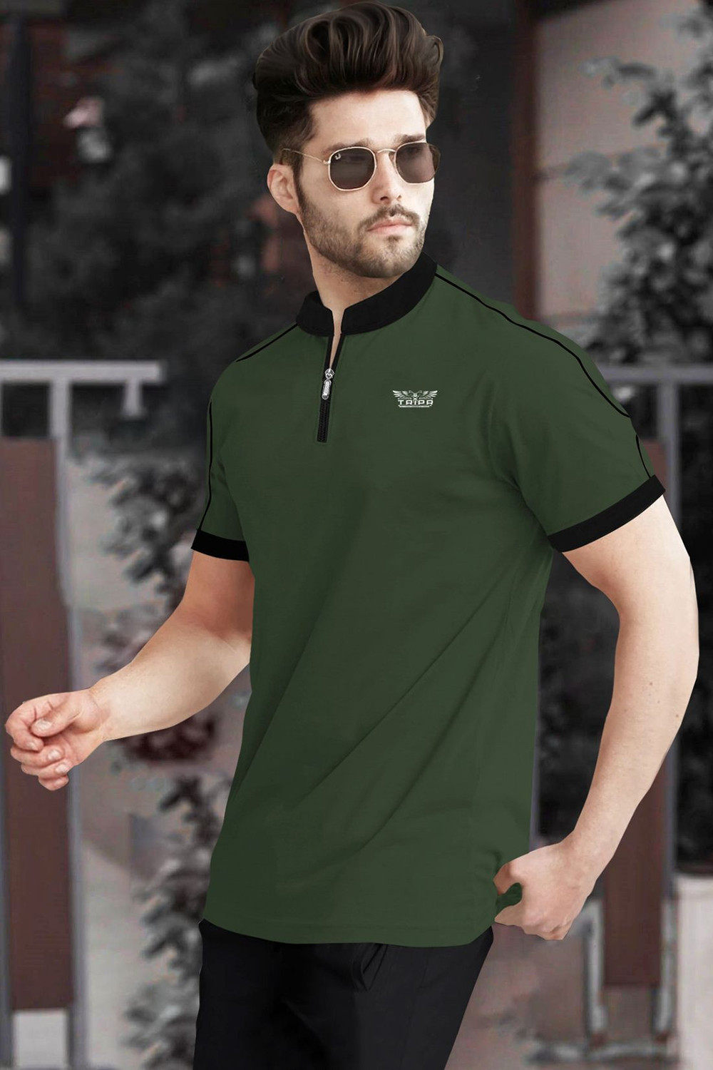 Image of TRIPR Solid Men Henley Neck Dark Green, Black T-Shirt