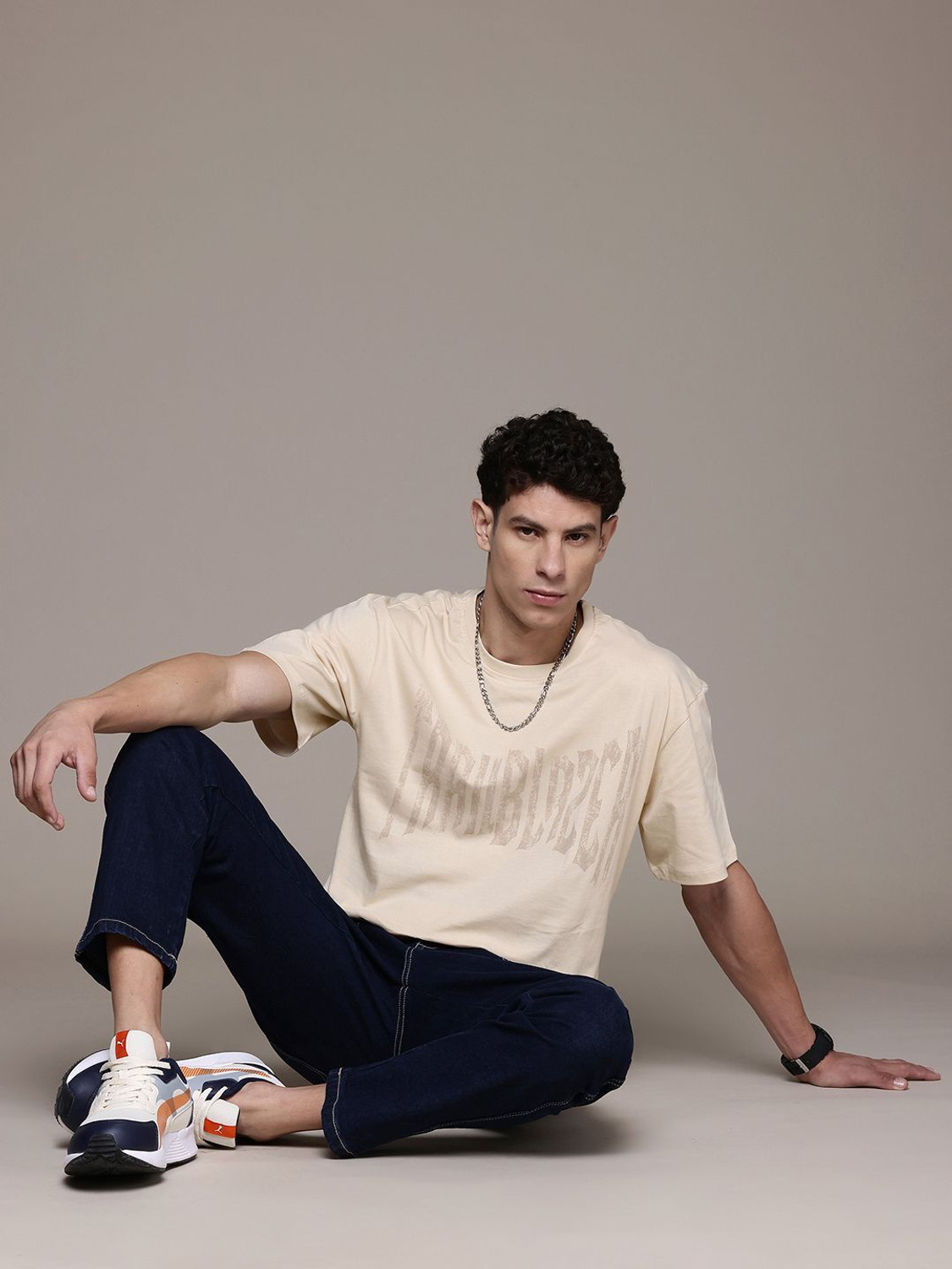Image of Roadster Printed Men Round Neck Beige T-Shirt