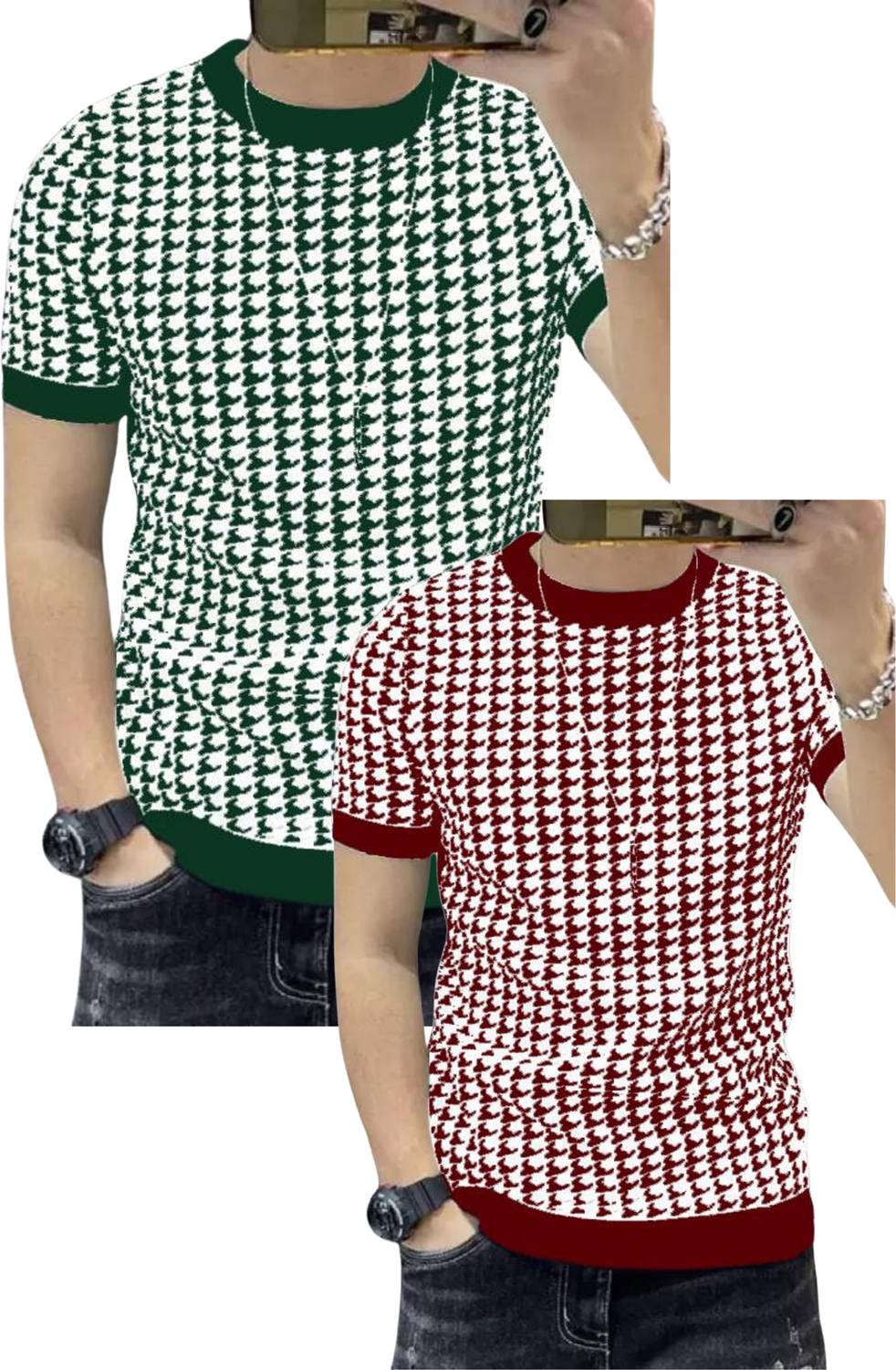 sti Pack of 2 Men Self Design Round Neck Polyester Multicolor T-S
