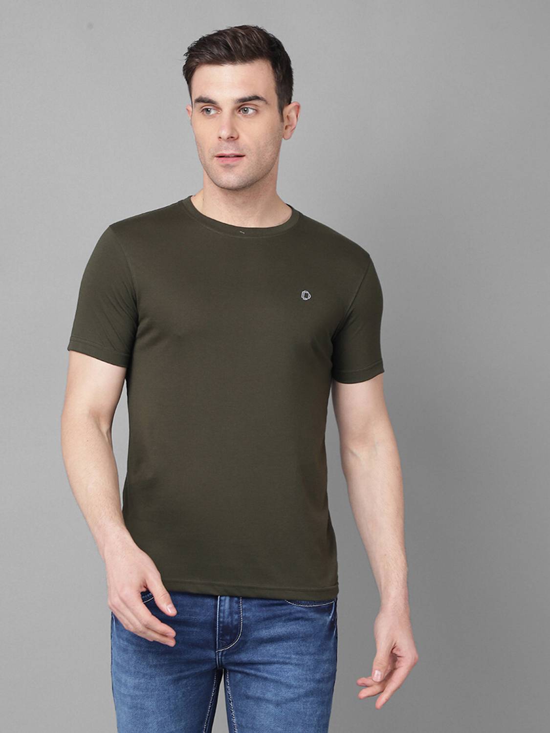 Dollar Men Solid Round Neck Cotton Blend Dark Green T-Shirt