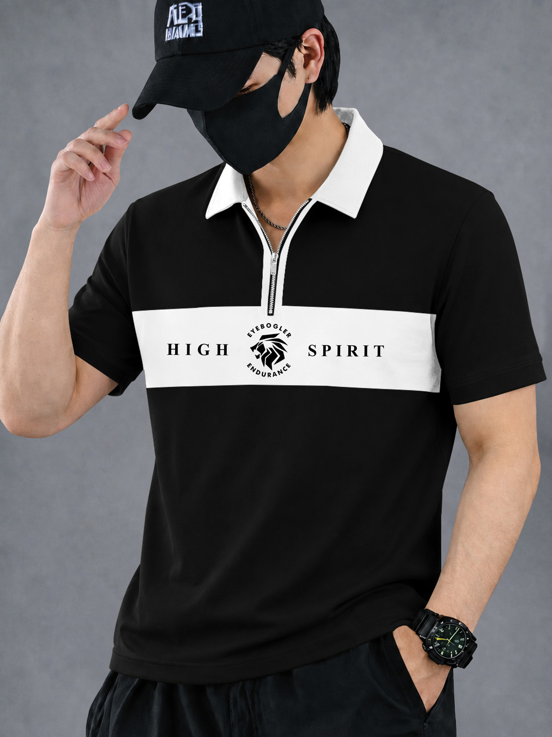Image of EyeBogler Printed Men Zip Neck Black T-Shirt