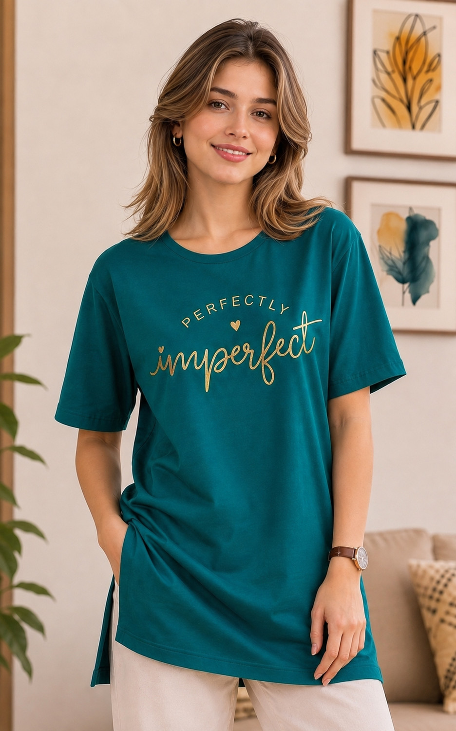 Image of URBE Printed Women Round Neck Pink, Green T-Shirt