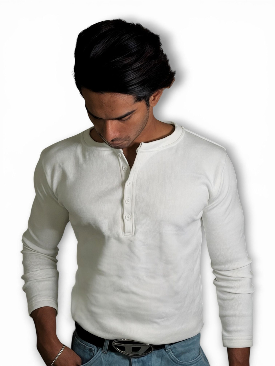 Image of YDWC Solid Men Henley Neck White T-Shirt
