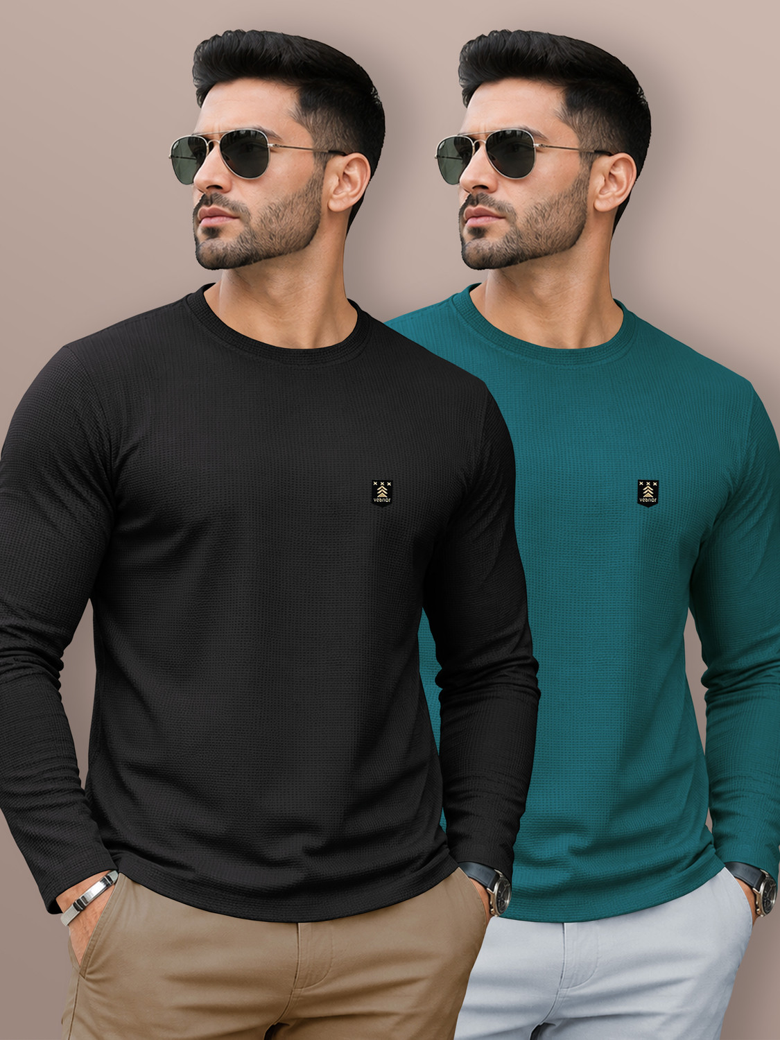 Image of VeBNoR Self Design Men Round Neck Black, Green T-Shirt