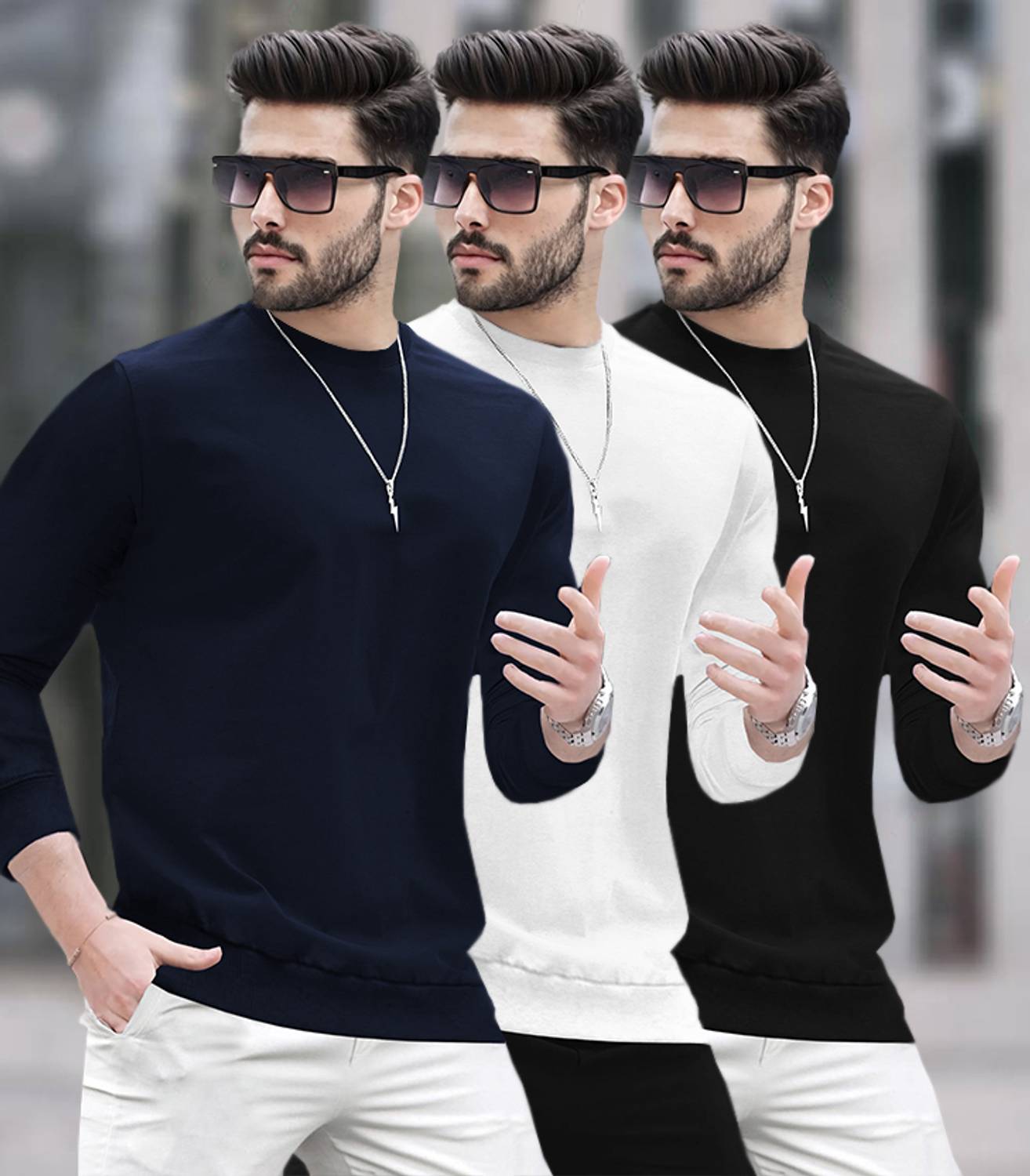 BLIVE Pack of 3 Men Solid Round Neck Cotton Blend Multicolor T-Sh