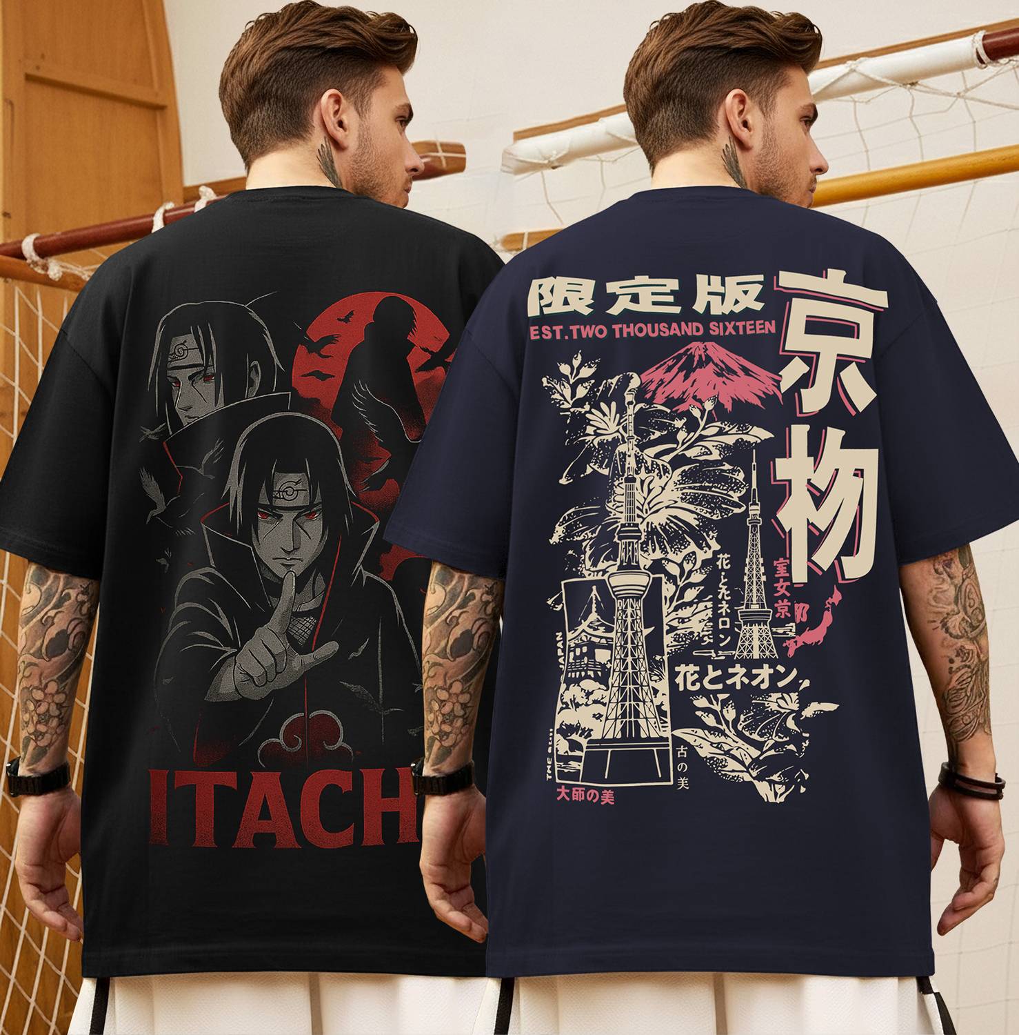 TRIPR Pack of 2 Oversized Men Printed Round Neck Cotton Blend Nav