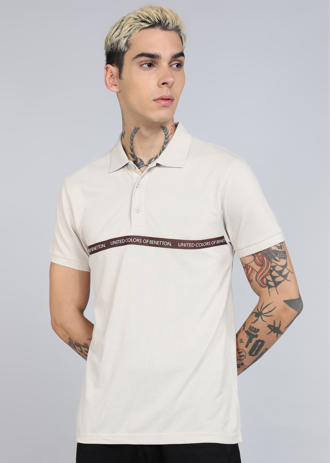 Image of United Colors of Benetton Printed Men Polo Neck Beige T-Shirt