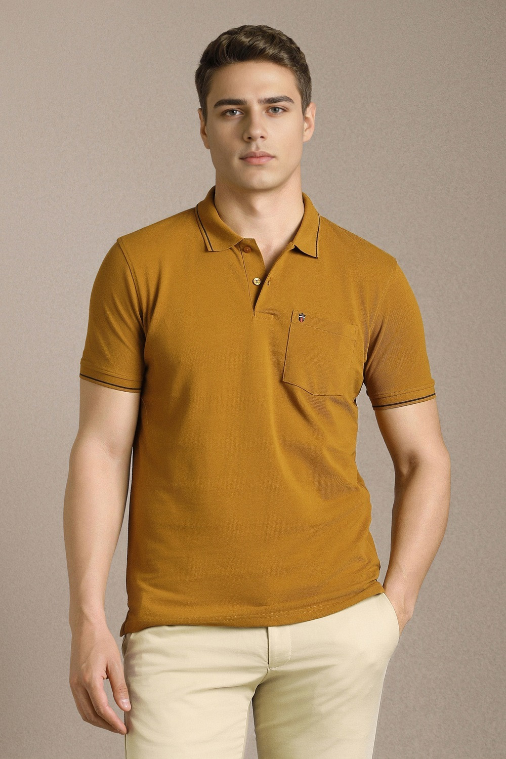 Image of LOUIS PHILIPPE Solid Men Polo Neck Brown T-Shirt