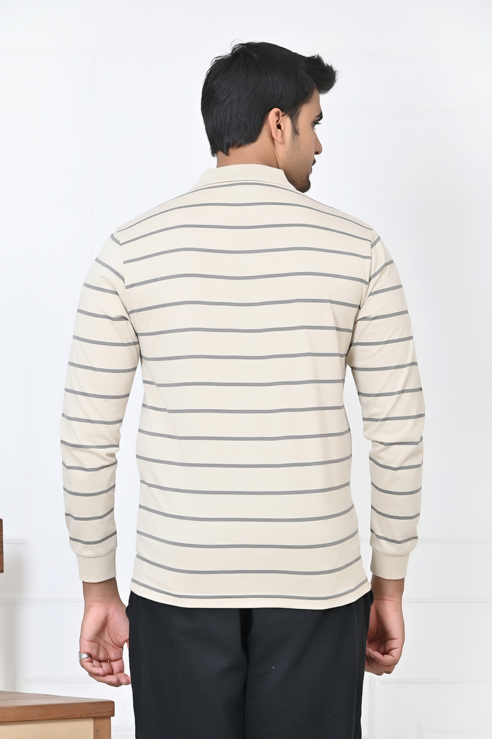 Image of Arbour Striped Men Polo Neck Beige T-Shirt