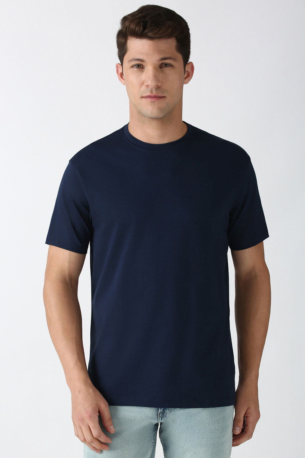 Image of PETER ENGLAND Solid Men Crew Neck Blue T-Shirt