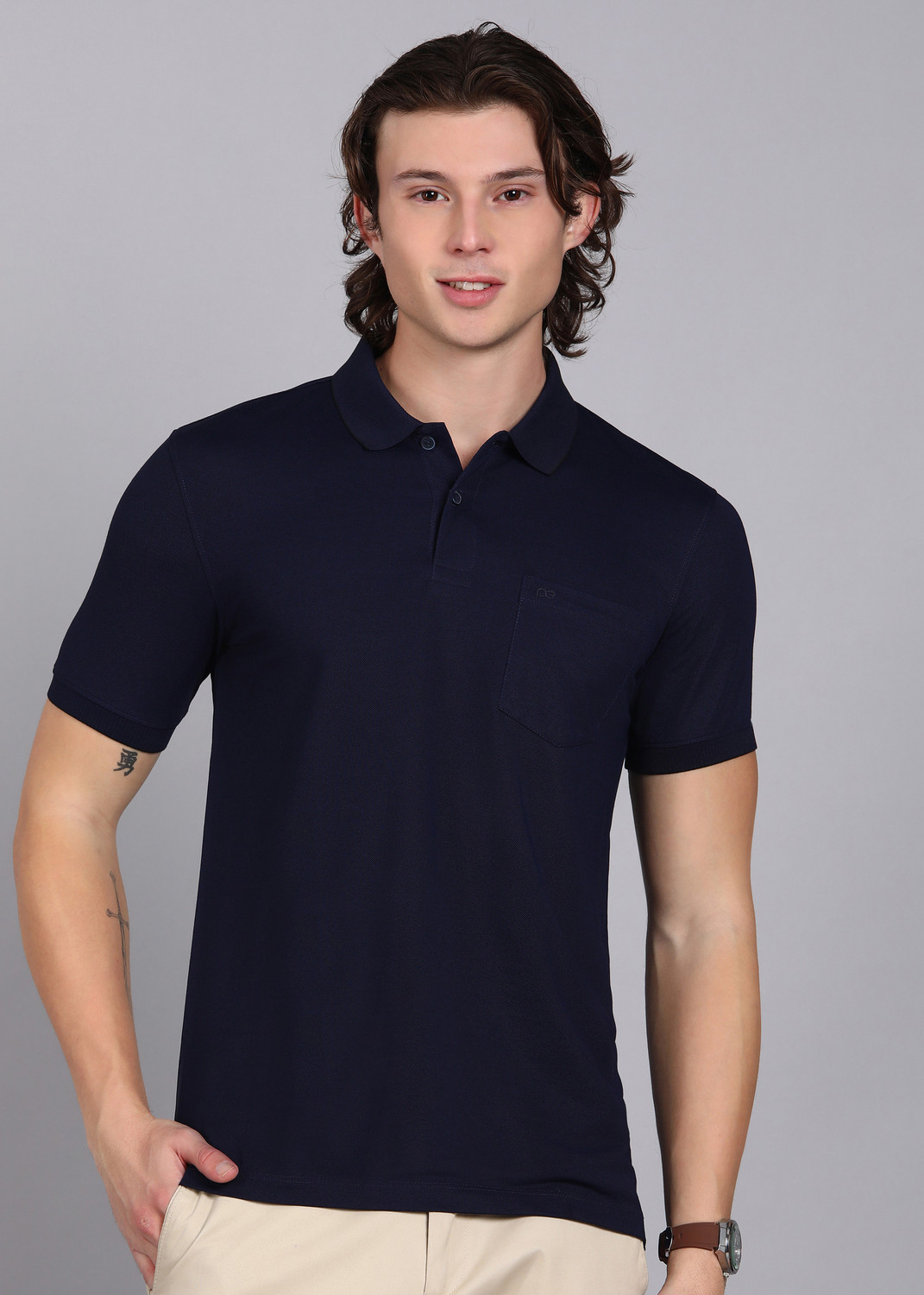 Image of PETER ENGLAND Solid Men Polo Neck Grey T-Shirt