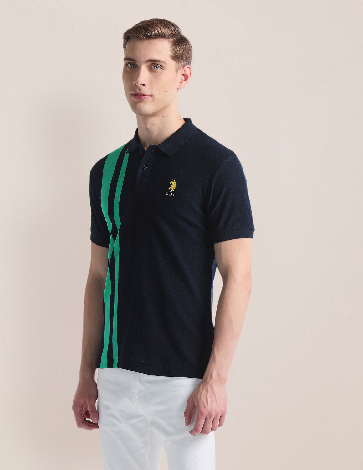 Image of U.S. POLO ASSN. Striped Men Polo Neck Blue T-Shirt
