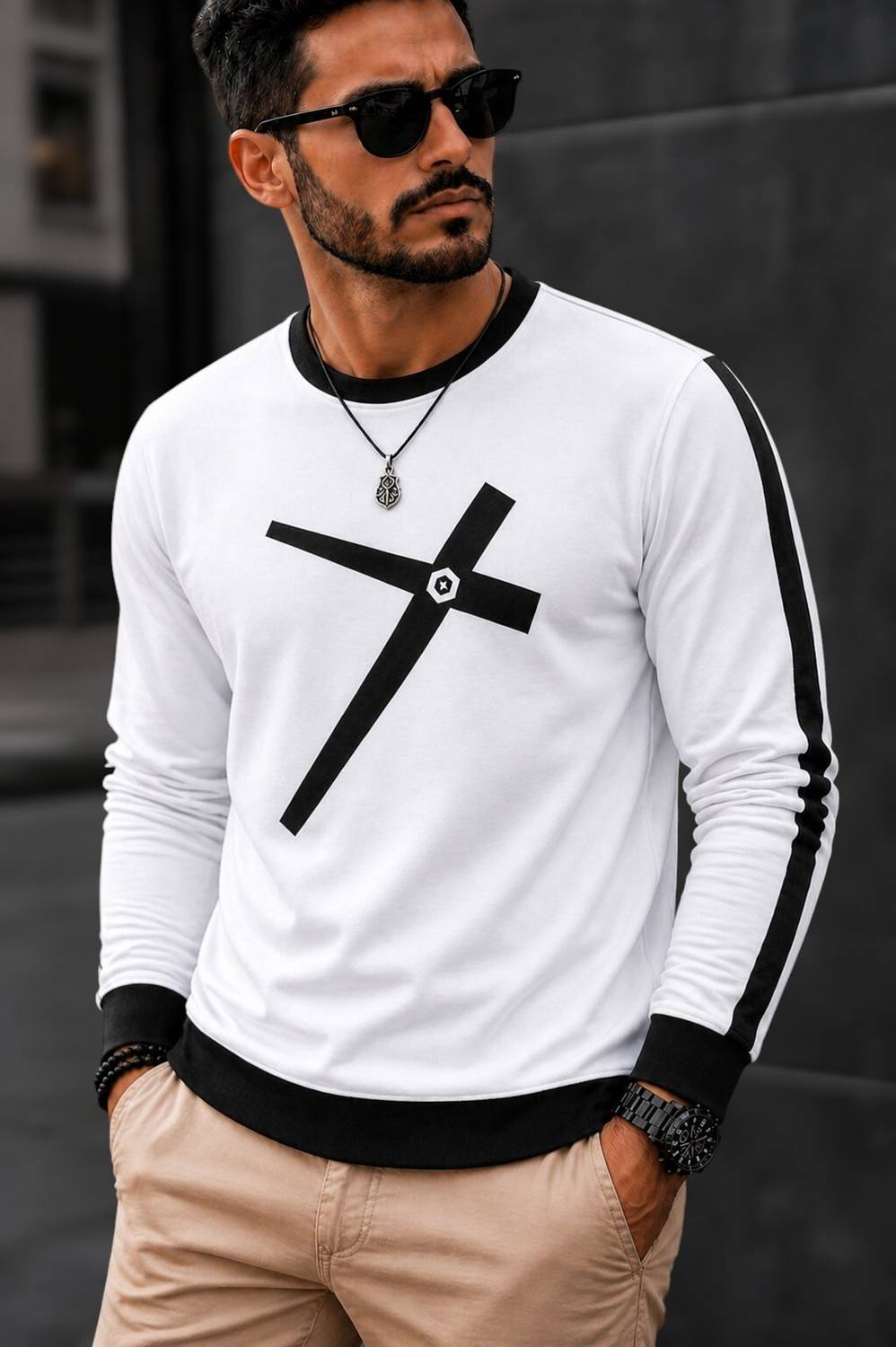 CROSSSTICH Striped Men Round Neck White T-Shirt