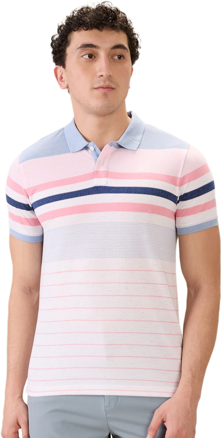 Image of PARX Striped Men Polo Neck Light Blue T-Shirt