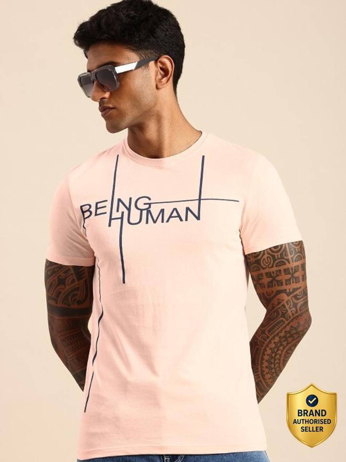 BEING HUMAN Solid Men Crew Neck Pink T-Shirt