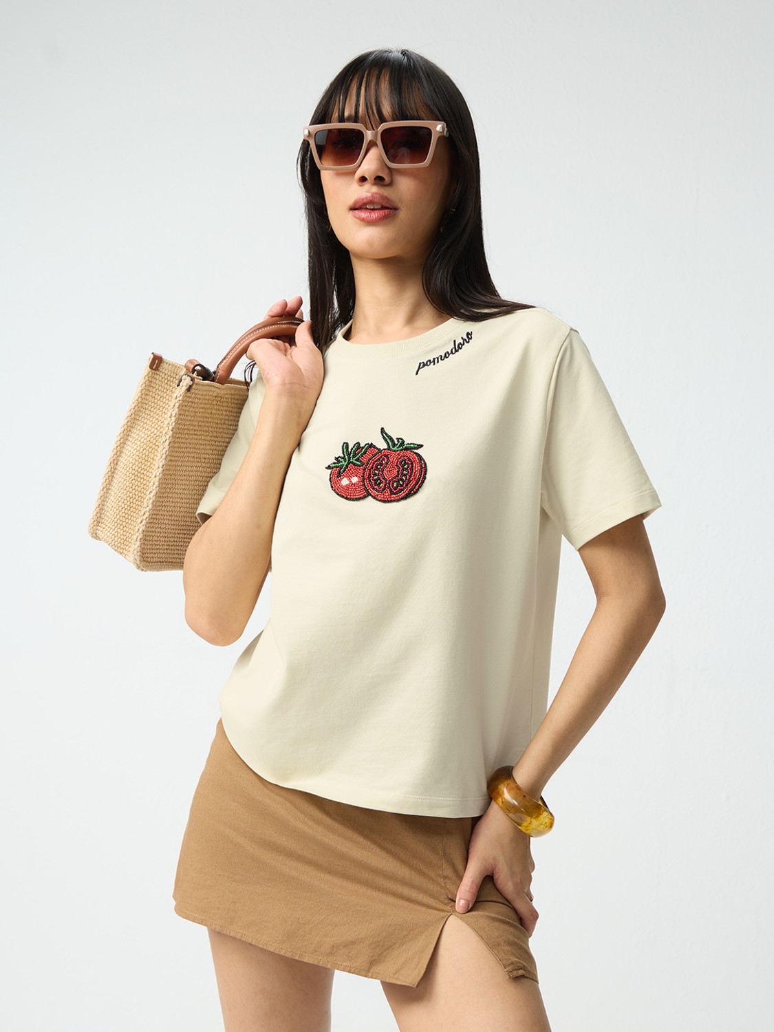 Image of The Souled Store Embroidered Women Round Neck Beige T-Shirt