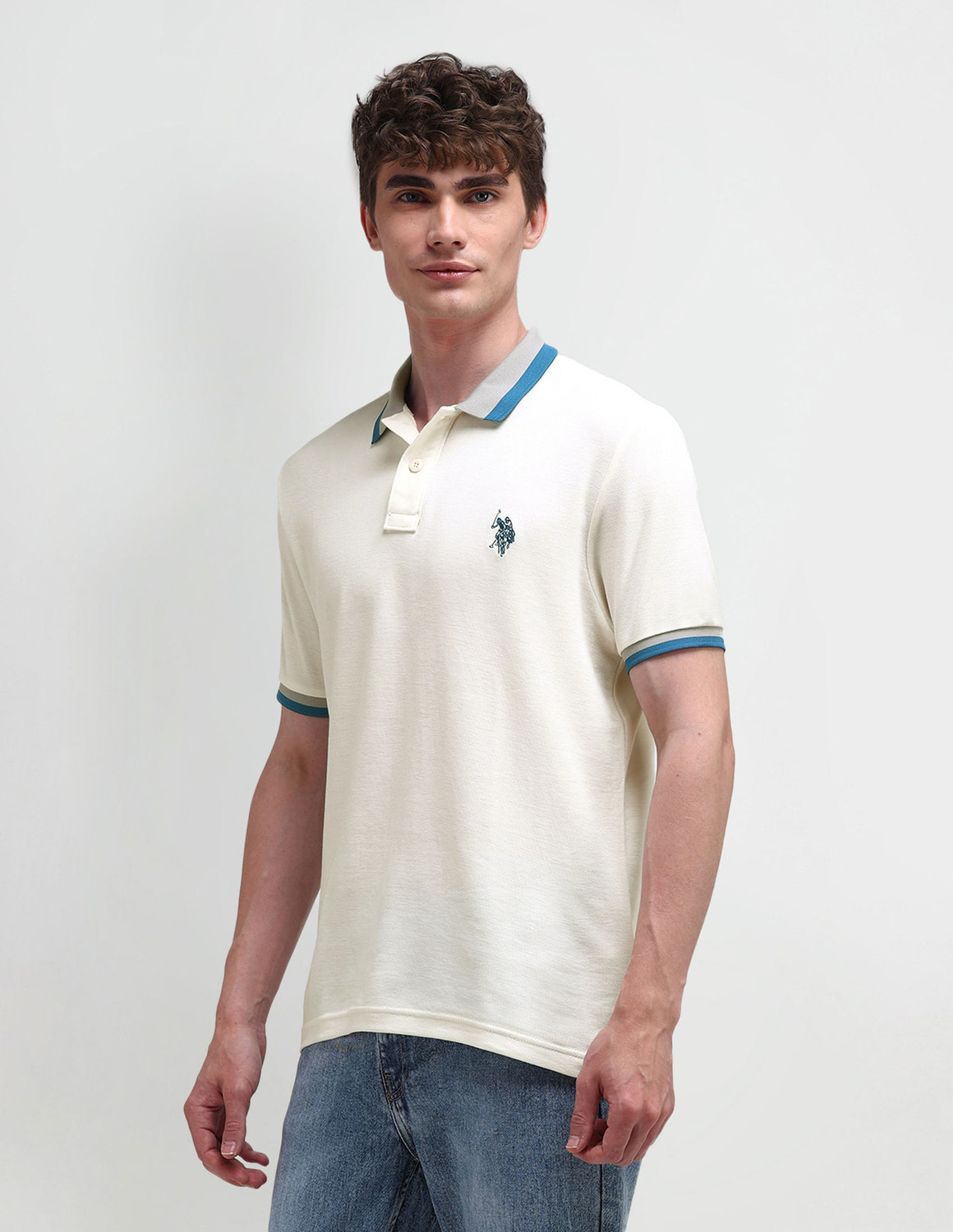 Image of U.S. POLO ASSN. Solid Men Polo Neck White T-Shirt