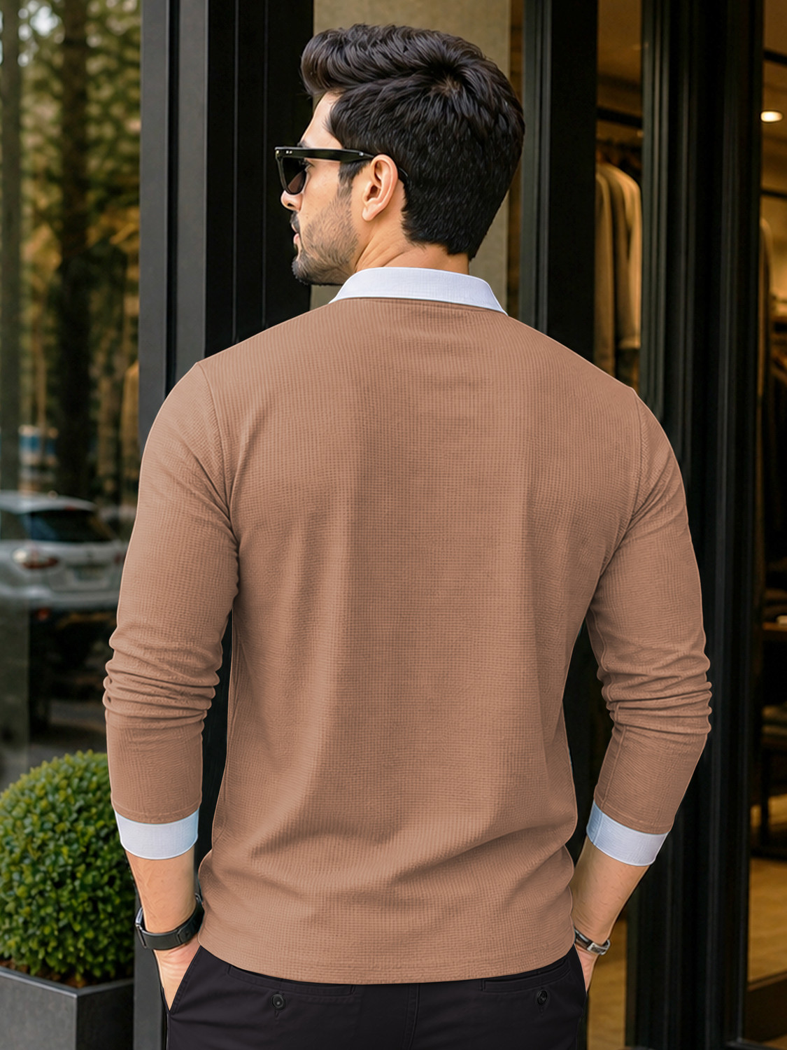 Image of VeBNoR Colorblock Men Zip Neck Brown T-Shirt