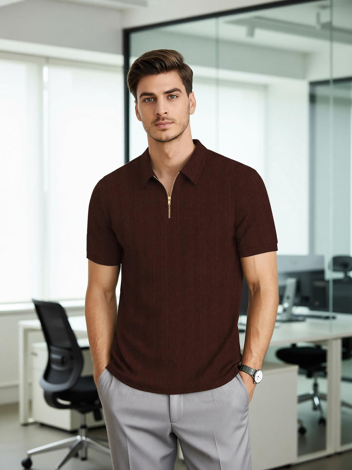 Image of KAJARU Self Design Men Zip Neck Brown T-Shirt
