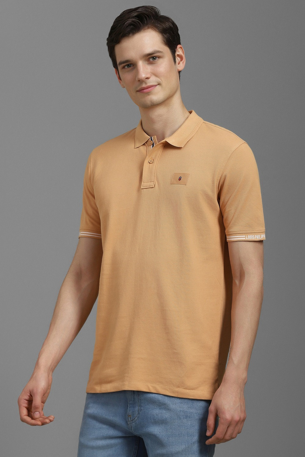 Image of LOUIS PHILIPPE Solid Men Polo Neck Beige T-Shirt