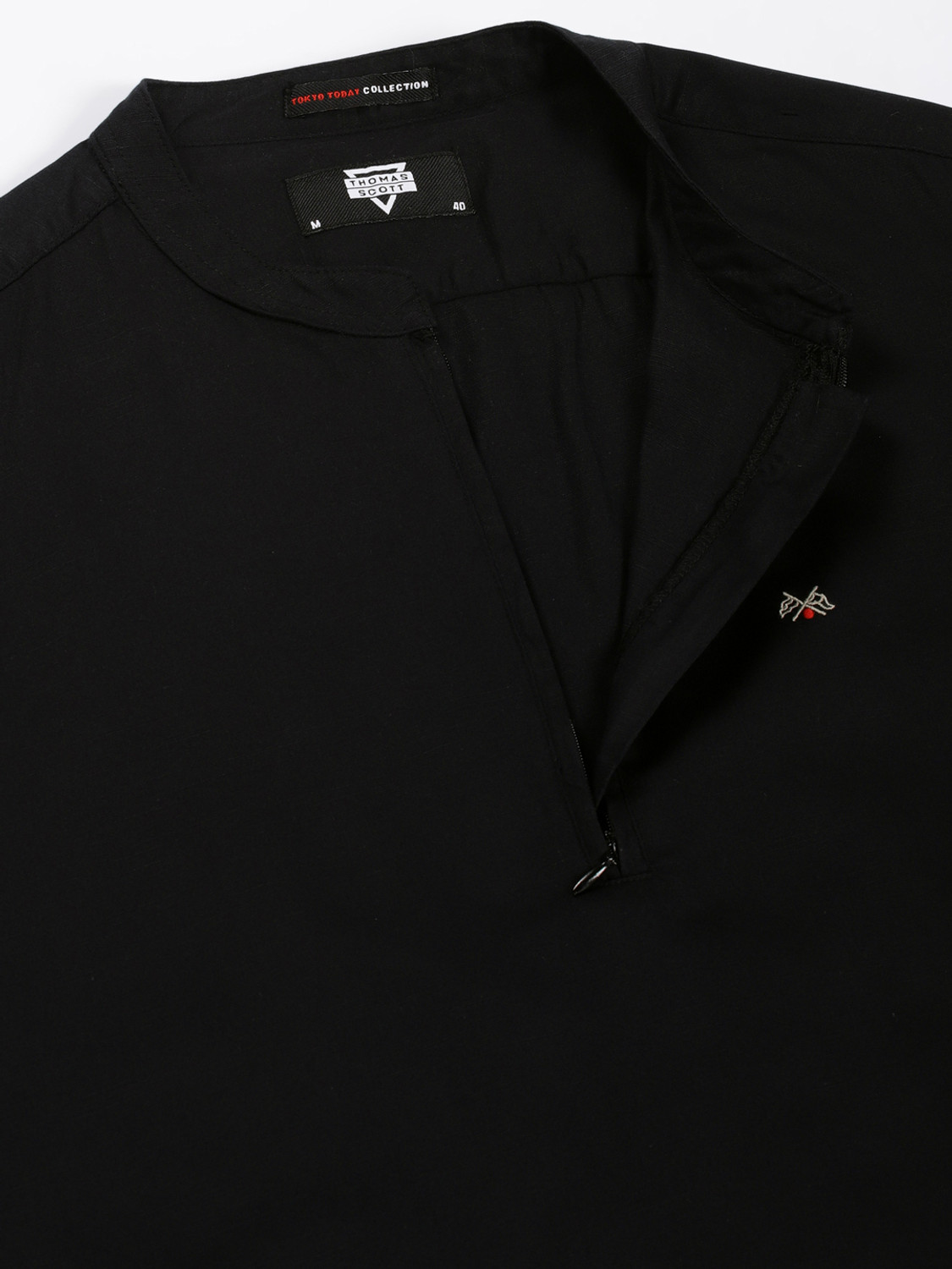 Image of THOMAS SCOTT Solid Men Mandarin Collar Black T-Shirt