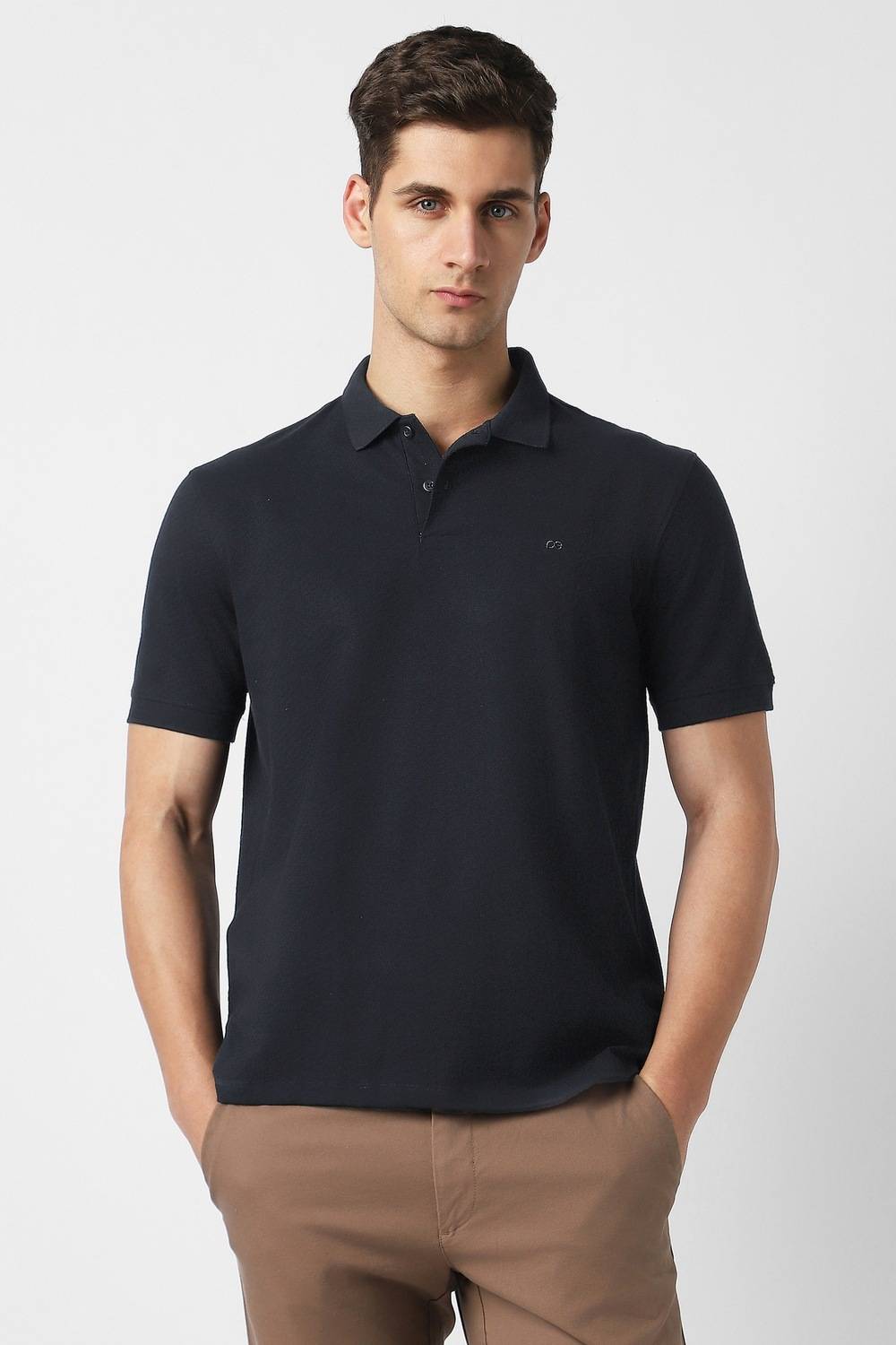 PETER ENGLAND Men Solid Polo Neck Cotton Blend Black T-Shirt