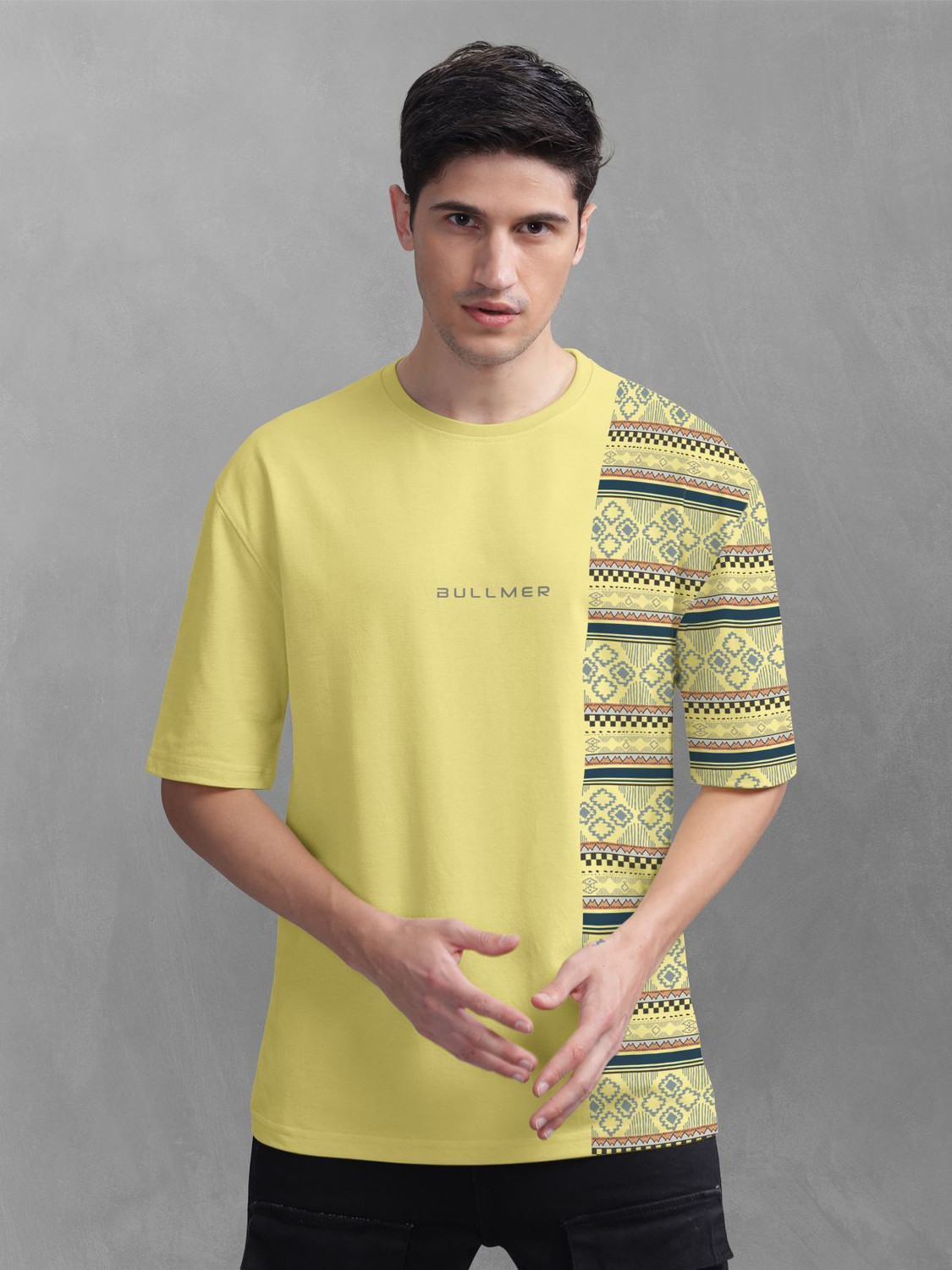 Image of Bullmer Printed Men Round Neck Yellow T-Shirt