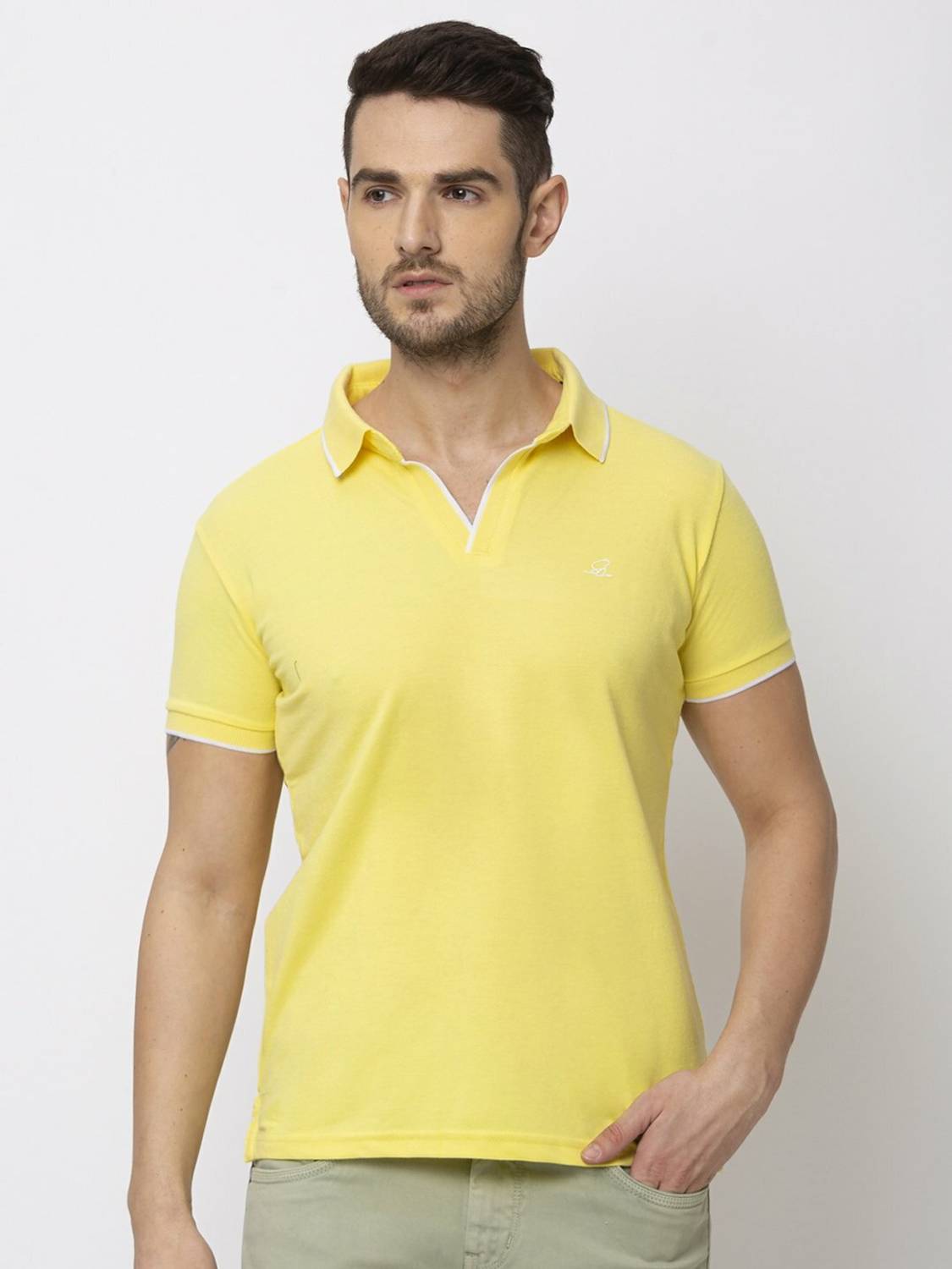 Status Quo Men Solid Polo Neck Polycotton Yellow T-Shirt