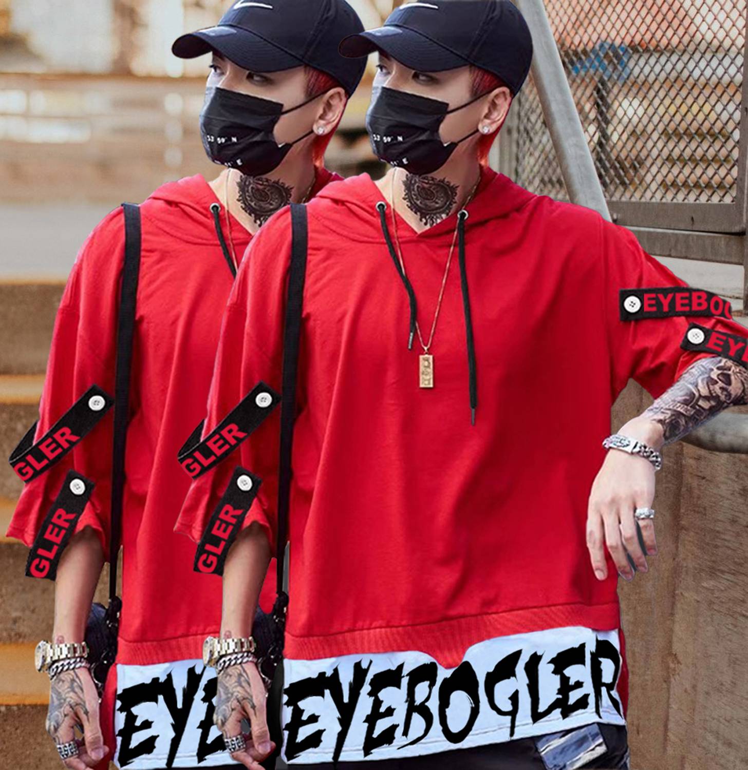 EyeBogler Pack of 2 Men Printed Hooded Neck Cotton Blend Red T-Sh