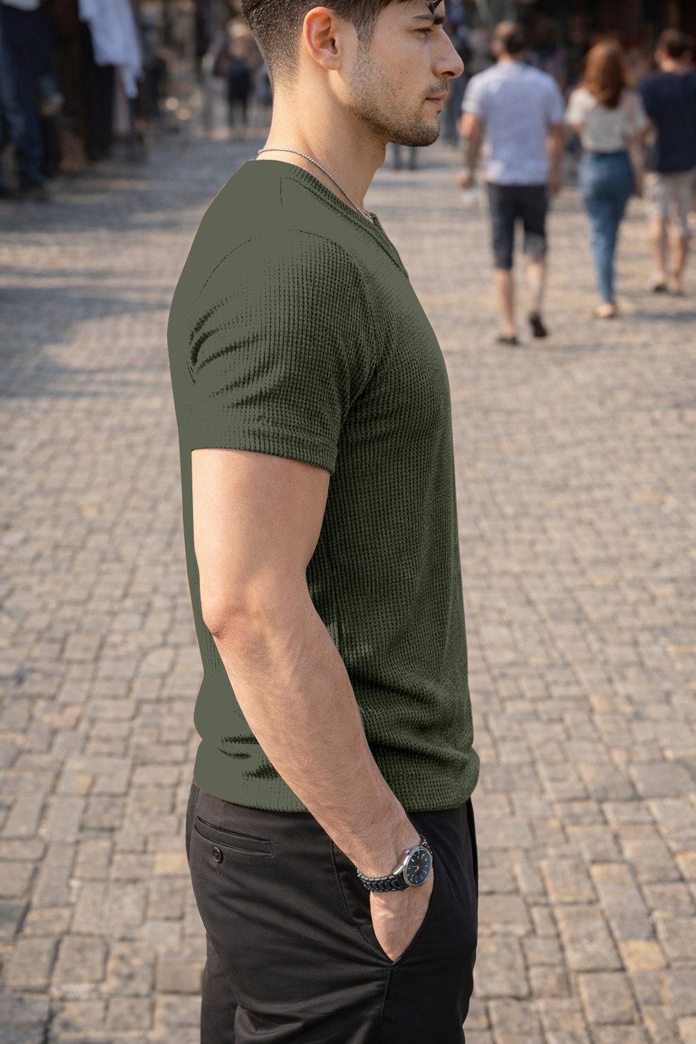 Image of sti Self Design Men V Neck Green T-Shirt