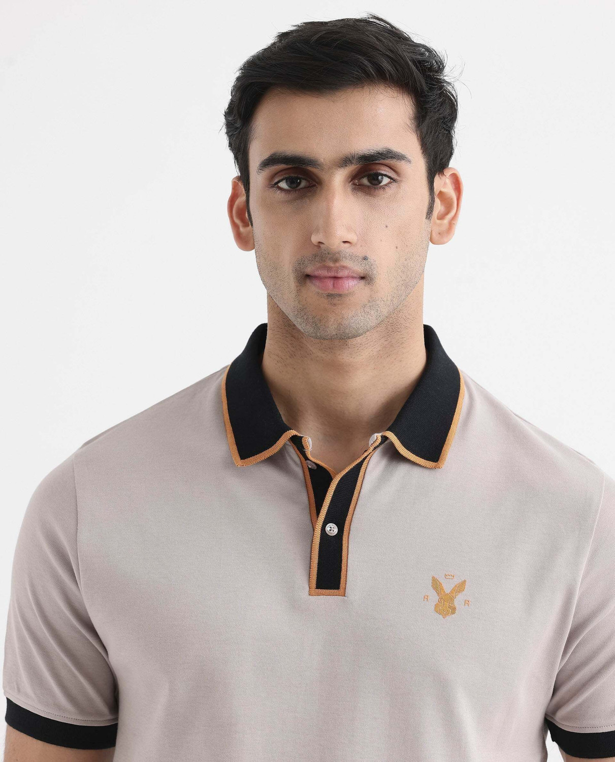 Image of RARE RABBIT Solid Men Polo Neck Beige T-Shirt