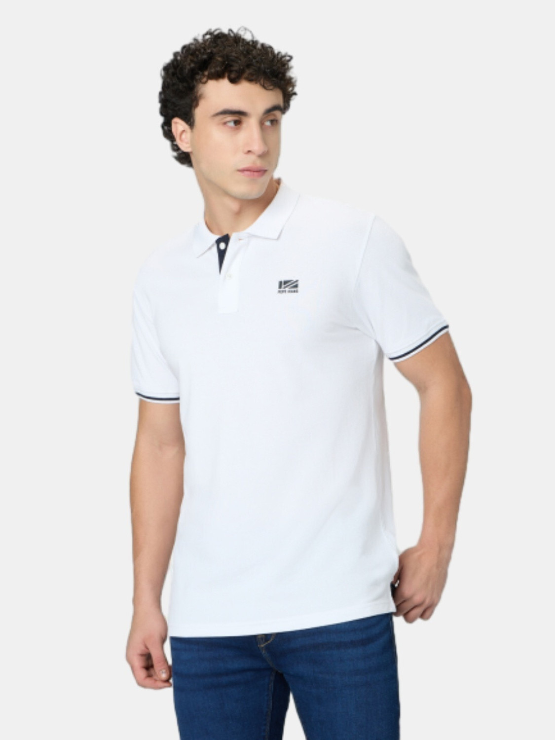 Image of Pepe Jeans Self Design, Abstract Men Polo Neck White T-Shirt