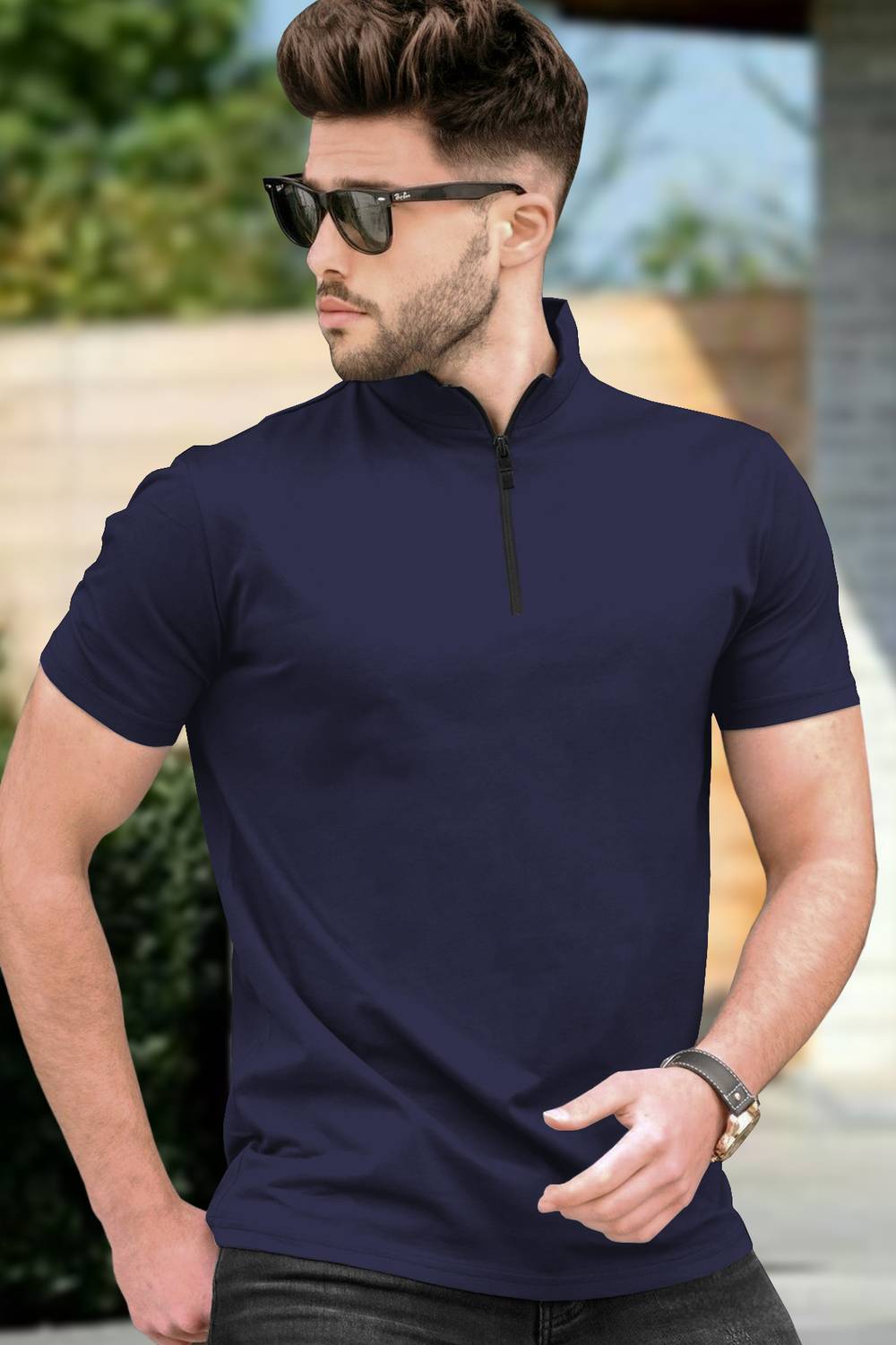 TRIPR Men Solid Mandarin Collar Cotton Blend Navy Blue T-Shirt