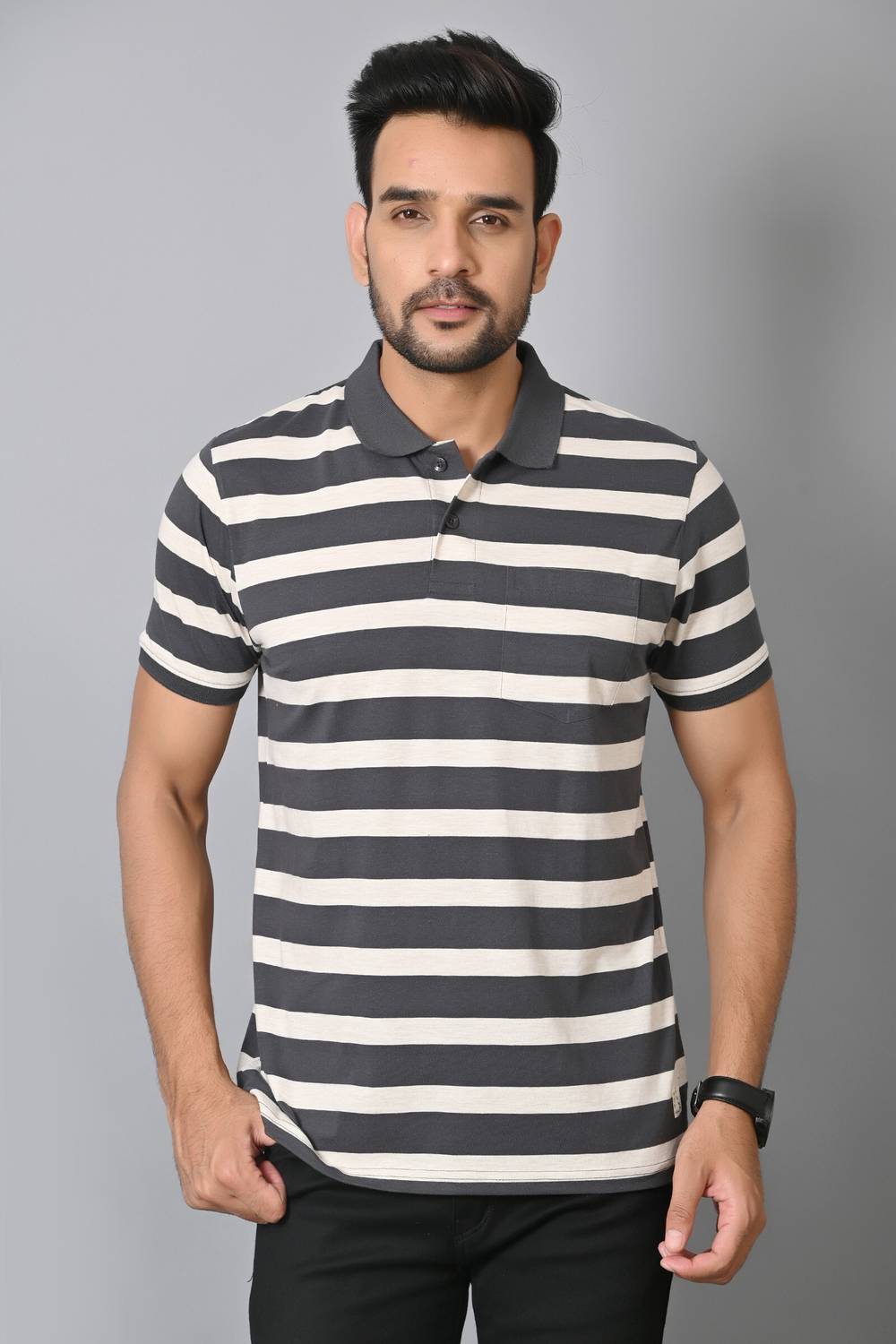 Arbour Striped Men Polo Neck Grey T-Shirt
