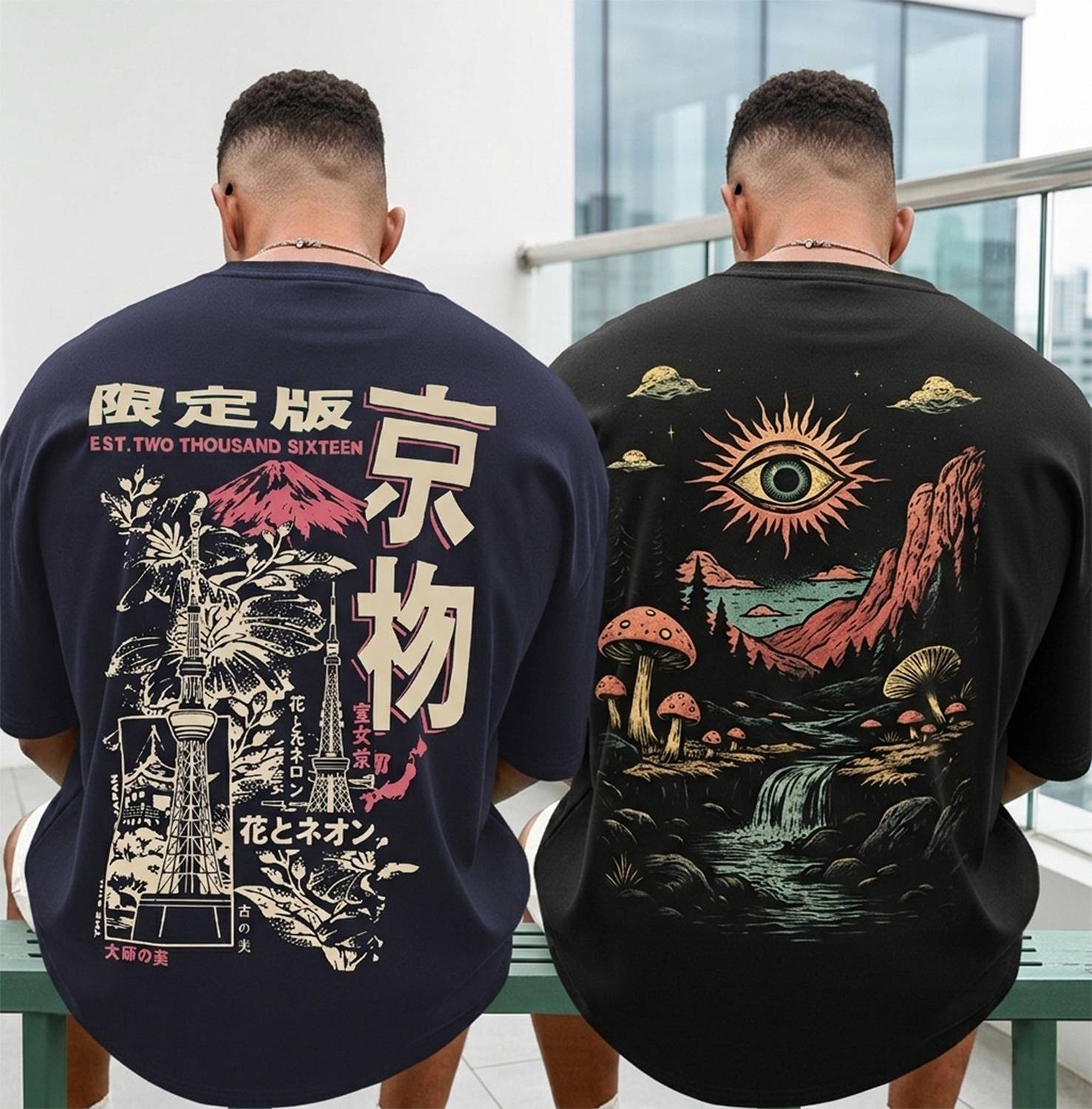 TRIPR Pack of 2 Oversized Men Printed Round Neck Cotton Blend Nav