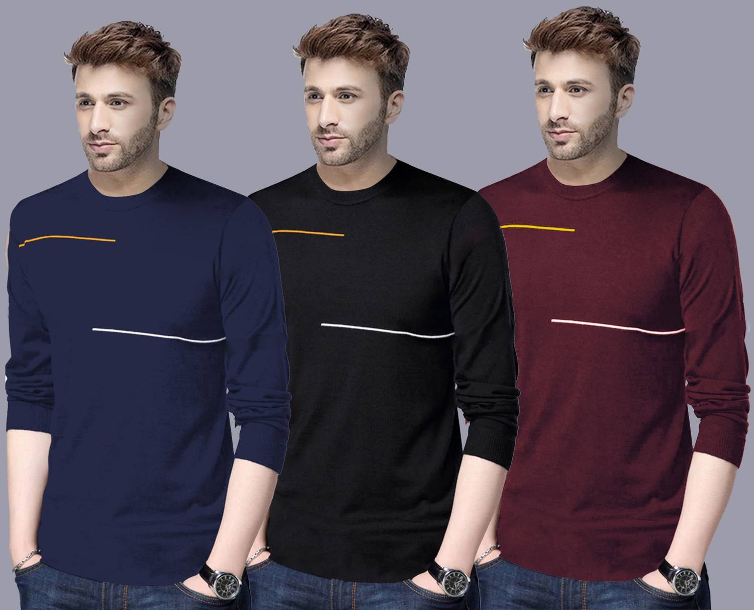 Reya Pack of 3 Men Striped Round Neck Cotton Blend Multicolor T-S