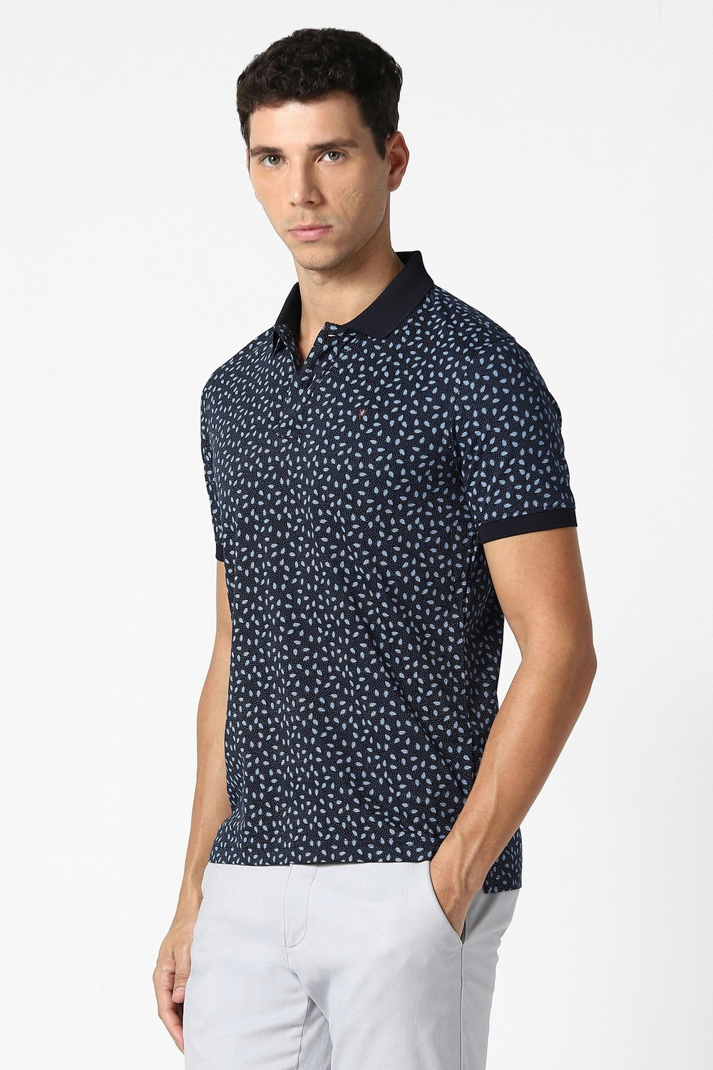 Image of VAN HEUSEN Printed Men Polo Neck Dark Blue T-Shirt