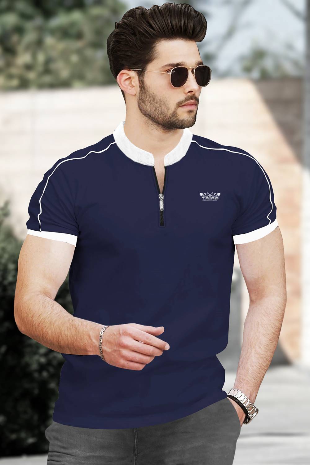 TRIPR Men Solid Henley Neck Cotton Blend Navy Blue, White T-Shirt