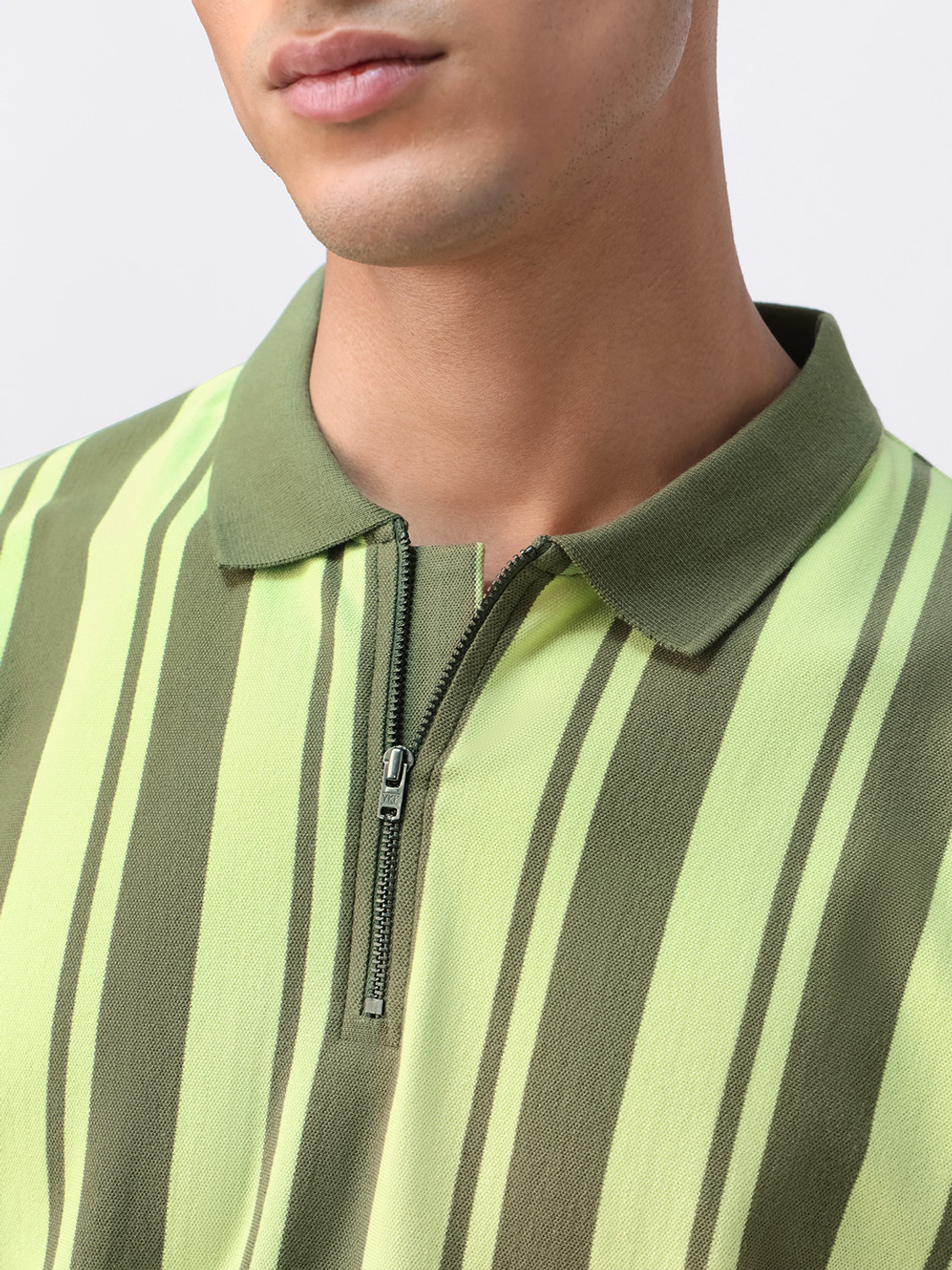 Image of The Souled Store Striped Men Polo Neck Green T-Shirt