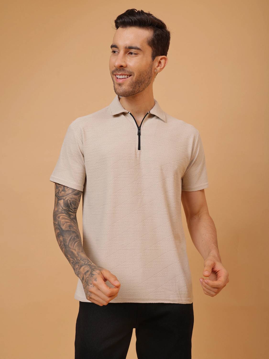 Adokedo Striped Men Polo Neck Beige T-Shirt