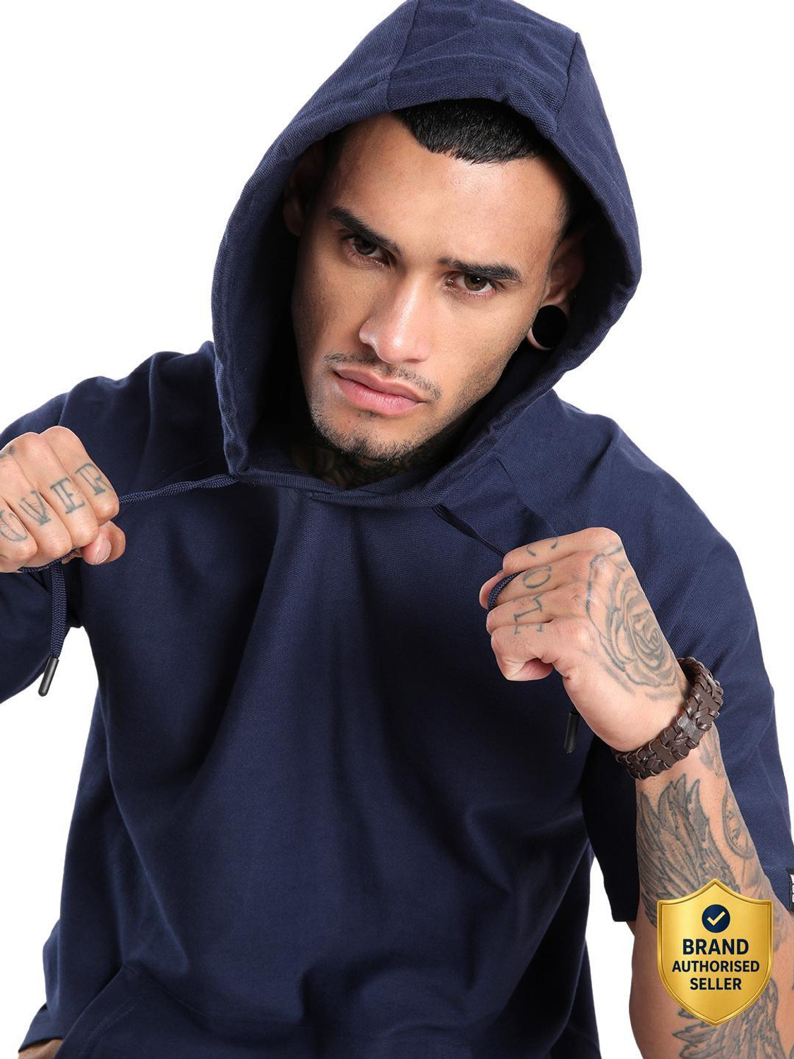 Image of WROGN Solid Men Hooded Neck Blue T-Shirt